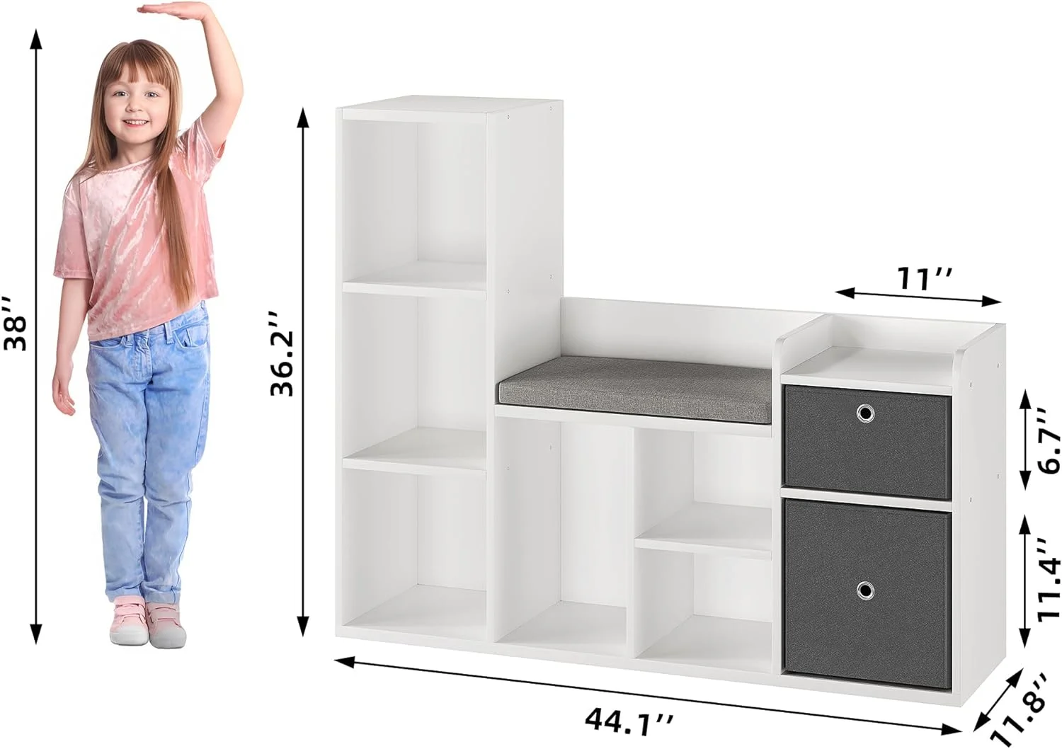 HYHBIBOOM Bookshelf 44.1in Width Toy  Organizer with Reading Nook White Bookcase Seat Cushion Wooden 6-Cubby  Bench 2 Drawers Toddler Cabinet  for  Room  Playroom  Nursery