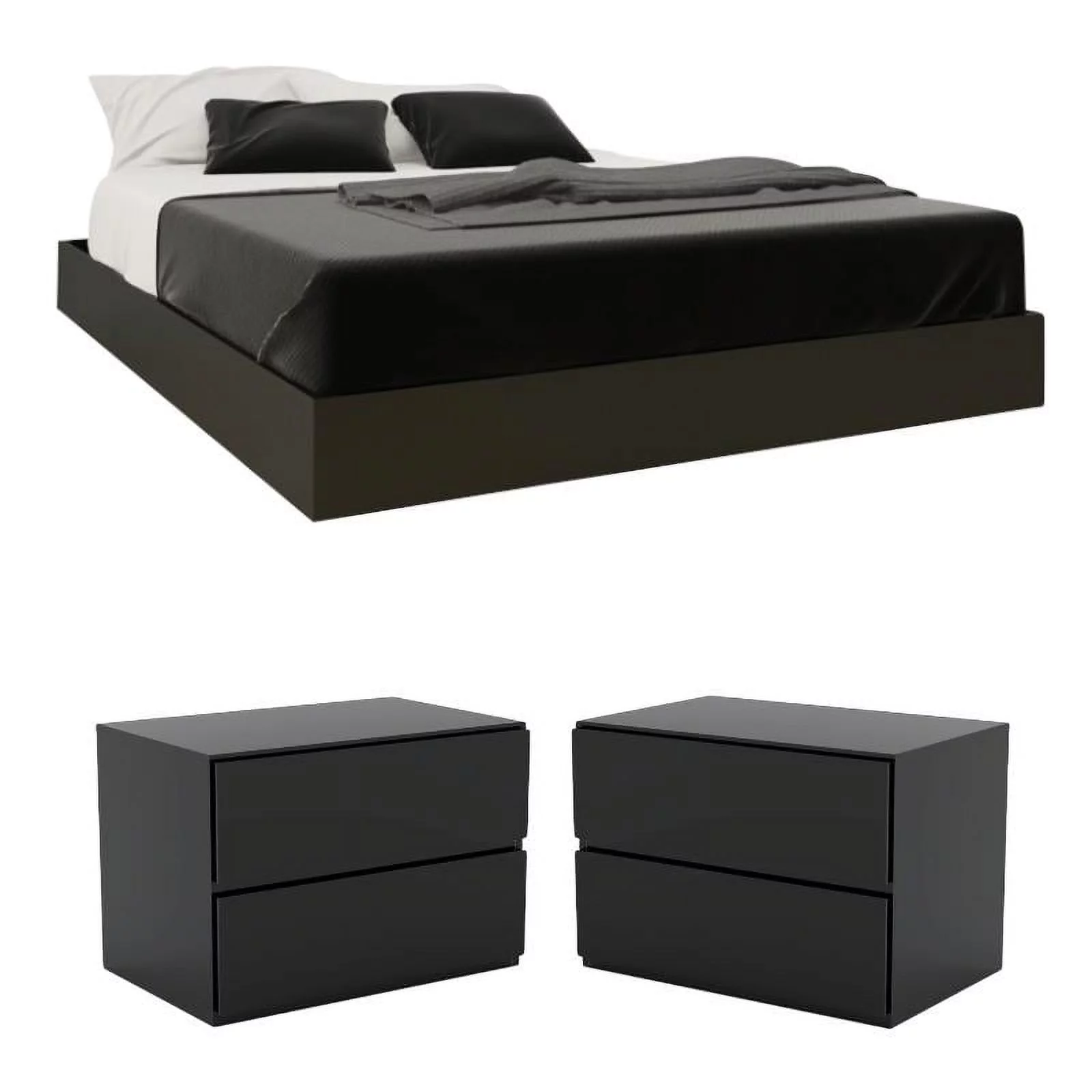 Home Square 3-Piece Set with Queen Size Platform Bed & 2 Nightstands in Black
