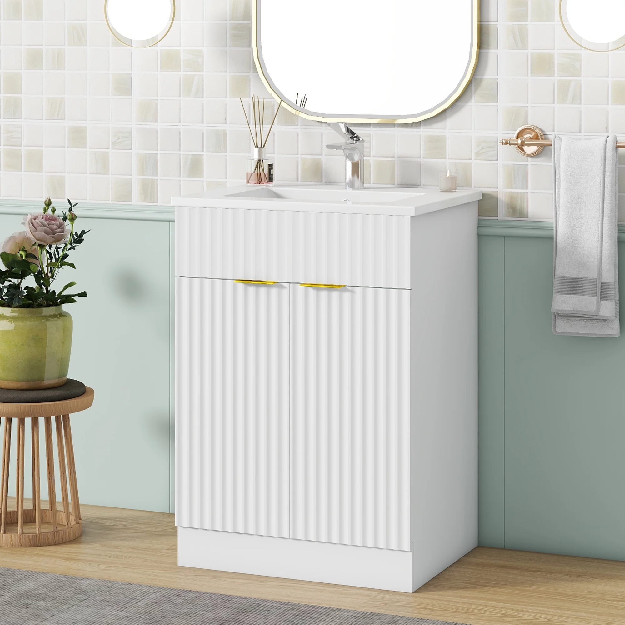 24 inch Modern Bathroom Vanity for Small Bathroom,White Storge Cabinet with Ceramic Sink