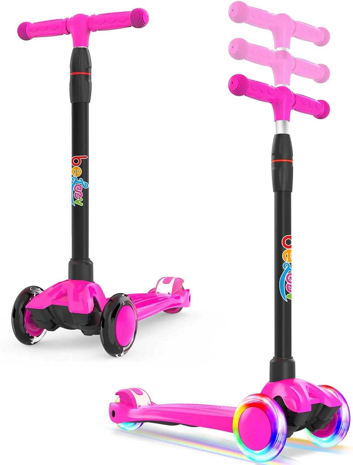 BELEEV A2 Scooters for Kids 3 Wheel Kick Scooter for Toddlers Girls Boys, 4 Adjustable Height, Lean to Steer, Light up Wheels, Extra-Wide Board, Easy to Assemble for Children Gift Sport Toys Ages Pink