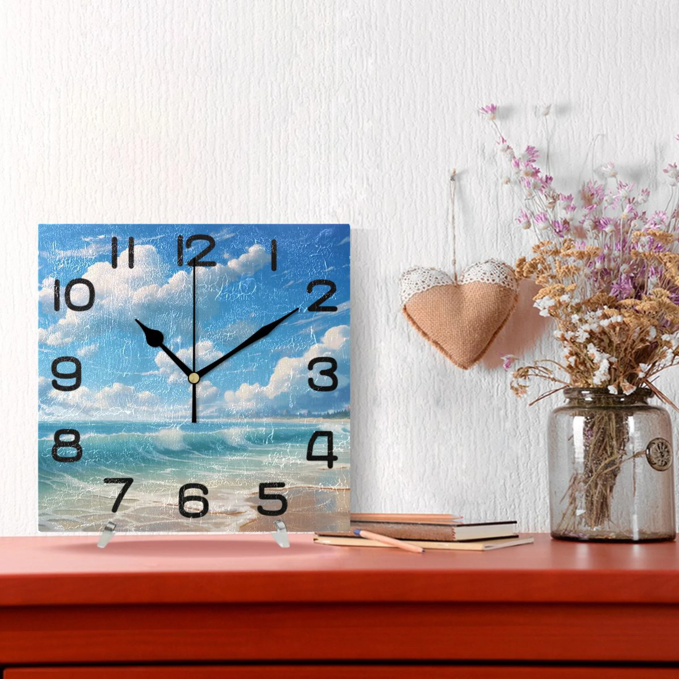 Wall Clock Square Silent Non-Ticking Blue Sky and Sea Retro Battery Operated Clock 7.78 inch Home Kitchen Office Decoration