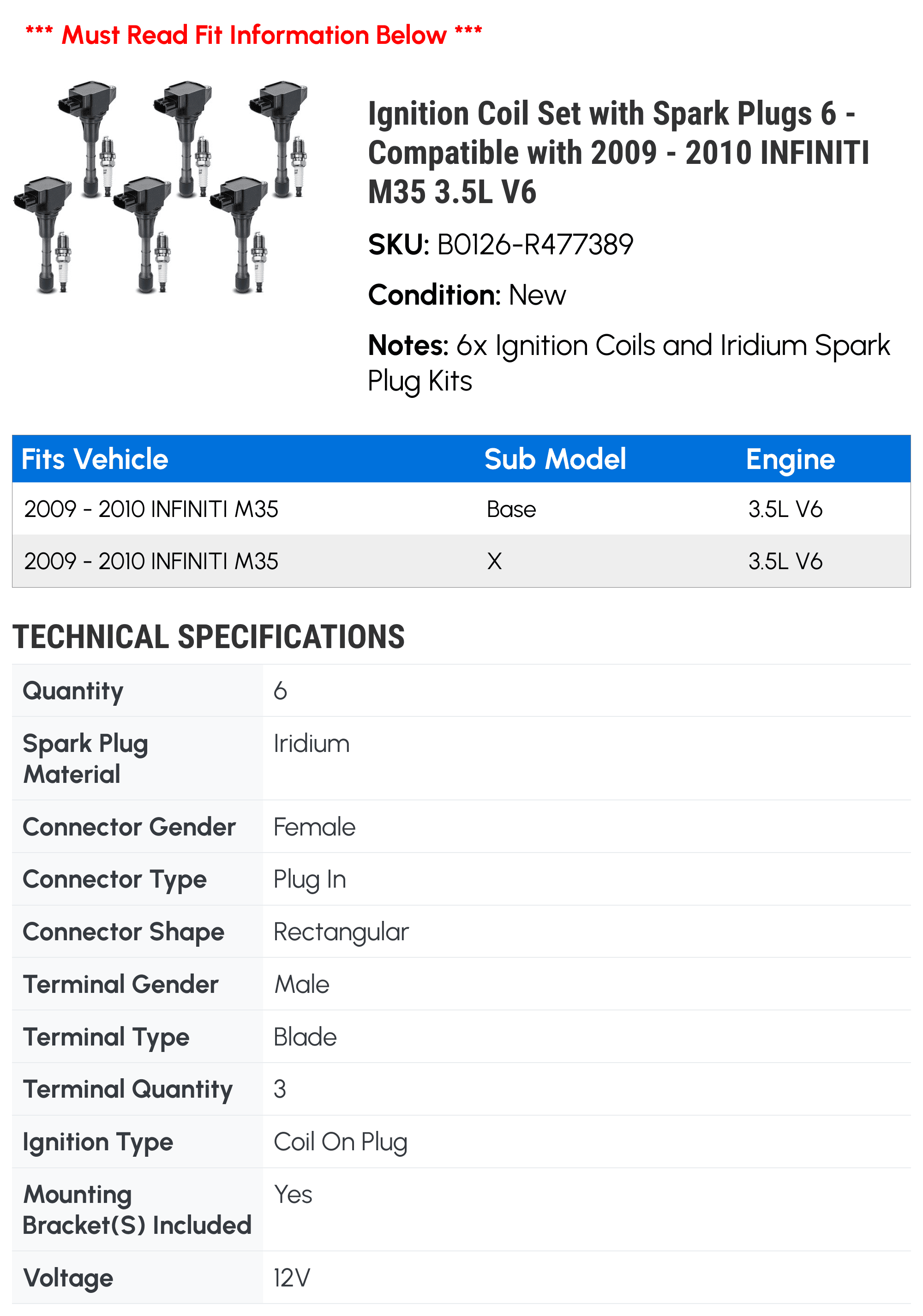 Ignition Coil Set with Spark Plugs 6 - Compatible with 2009 - 2010 INFINITI M35 3.5L V6