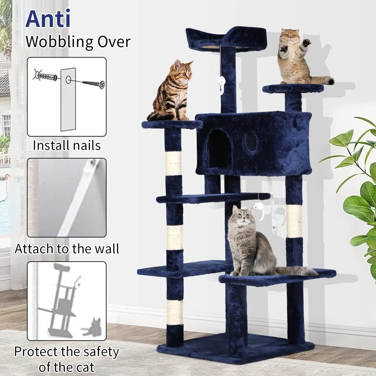 Dkelincs 54 inch Cat Tree with Cat Scratching Posts, Multi-Level Cat Condo Tower Play House, Navy Blue