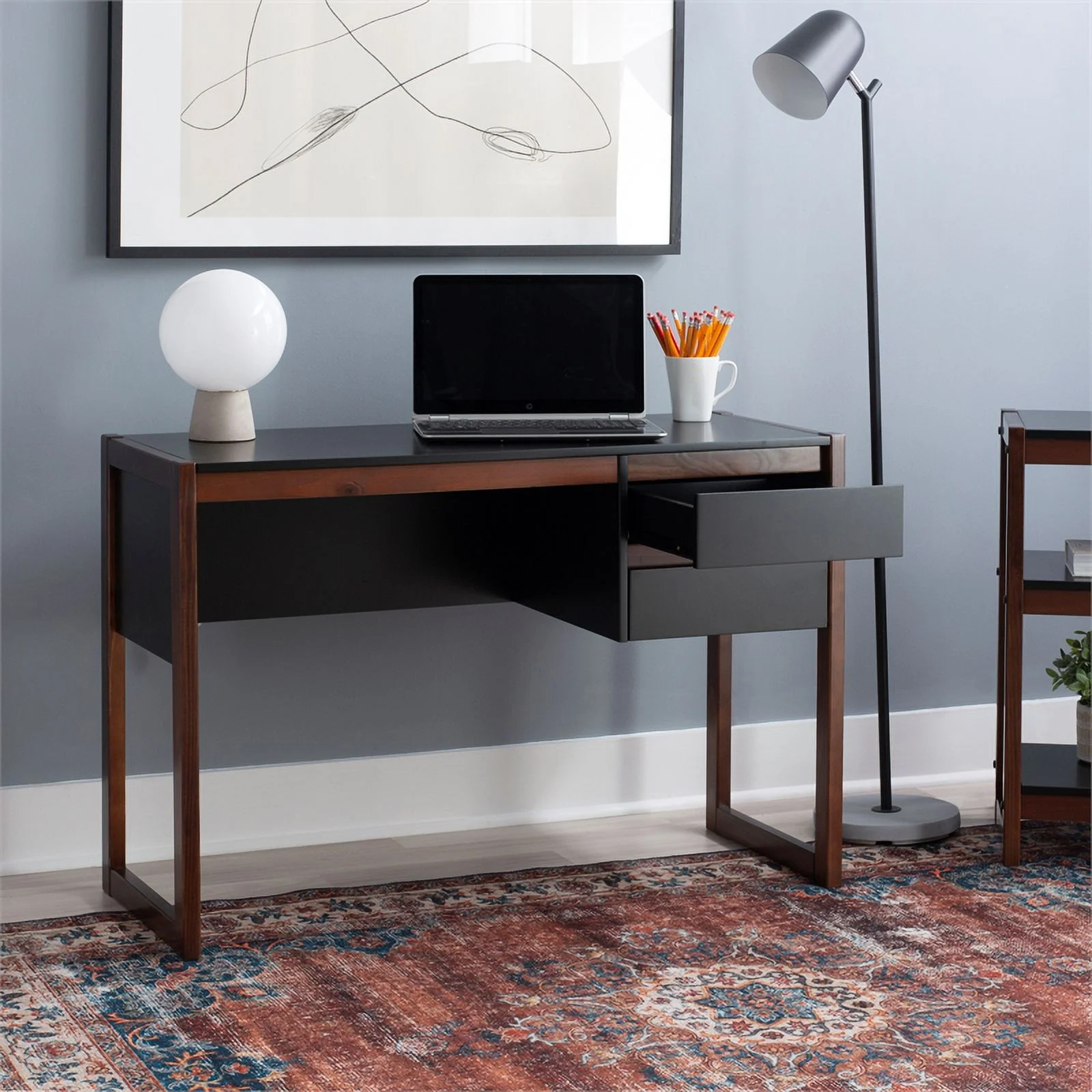 Linon Brock Wood Two Drawer Desk in Black and Walnut