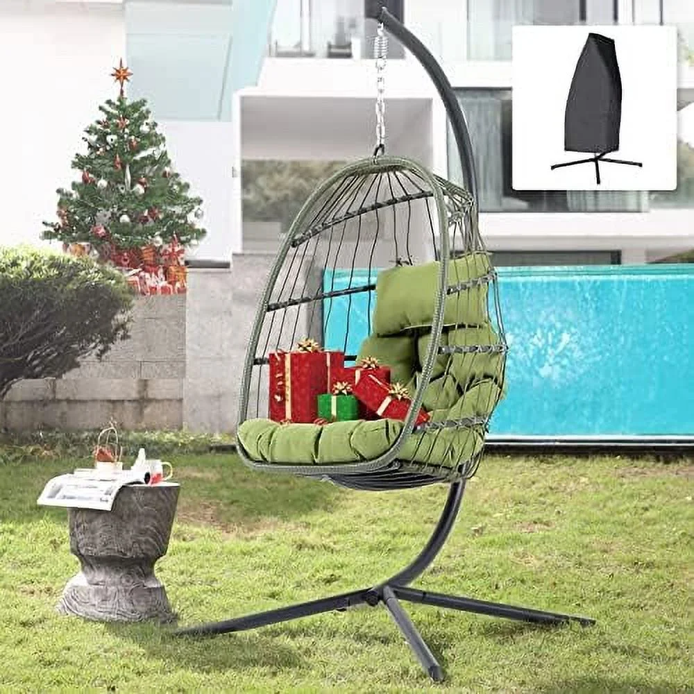 TJUNBOLIFE Indoor Outdoor Egg Swing Chair with Stand  Patio Grey Wicker Rattan Hanging Chair with Rope Back  Cushion Cover All Weather Foldable Hammock Chair for Bedroom  Garden (Light Gr