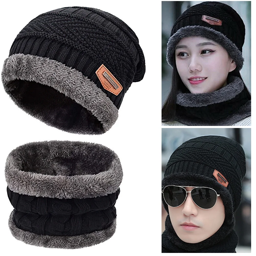 MDHAND Mens Womens Winter Beanie Hat Scarf Set Warm Knit Hat Thick Fleece Lined Winter Cap Neck Warmer for Men Women