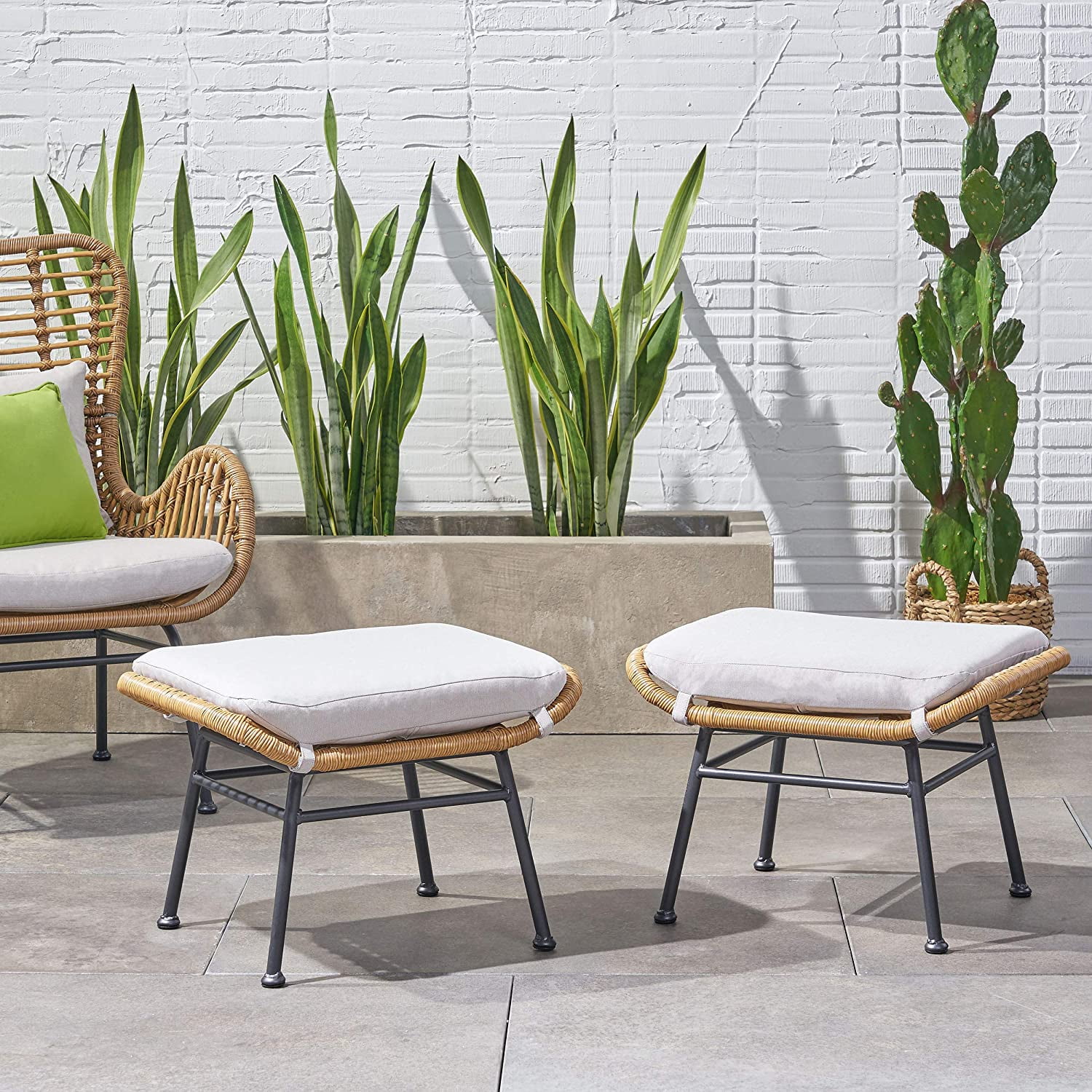 Gloria Outdoor Modern Boho Wicker Ottoman (Set Of 2), Light Brown, Beige, And Black