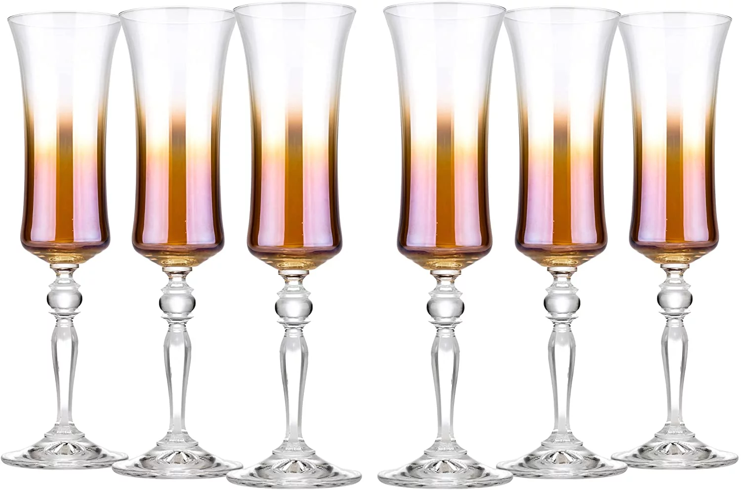 Glasstar 6 Oz Caramel Ombre Lead-Free Crystal Unique Champagne Flutes, Wedding Gift, Gift for Anniversary, Set of 6