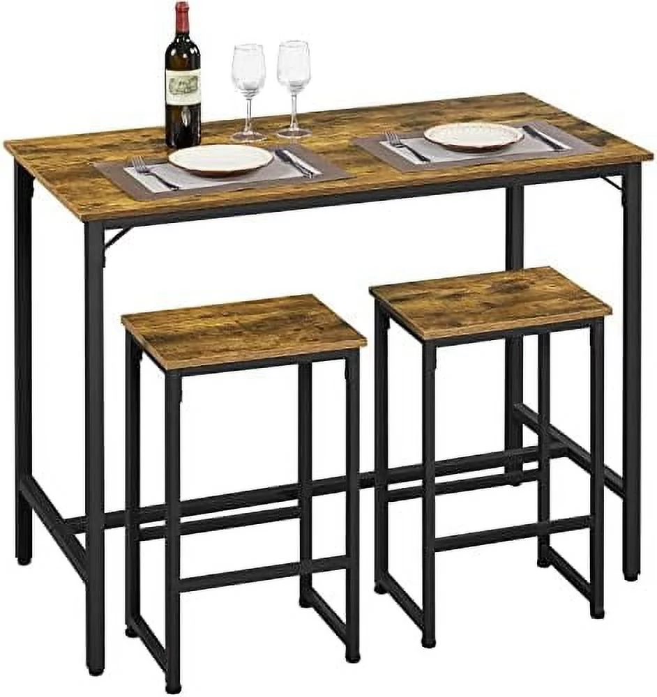 YPDCHB 3 Piece  Table Set  47.5 in Industrial Dining Table Set  Counter Height Table with  Stools   Kitchen Breakfast Table and Chairs for Dining Room  Living Room  Rustic Brown