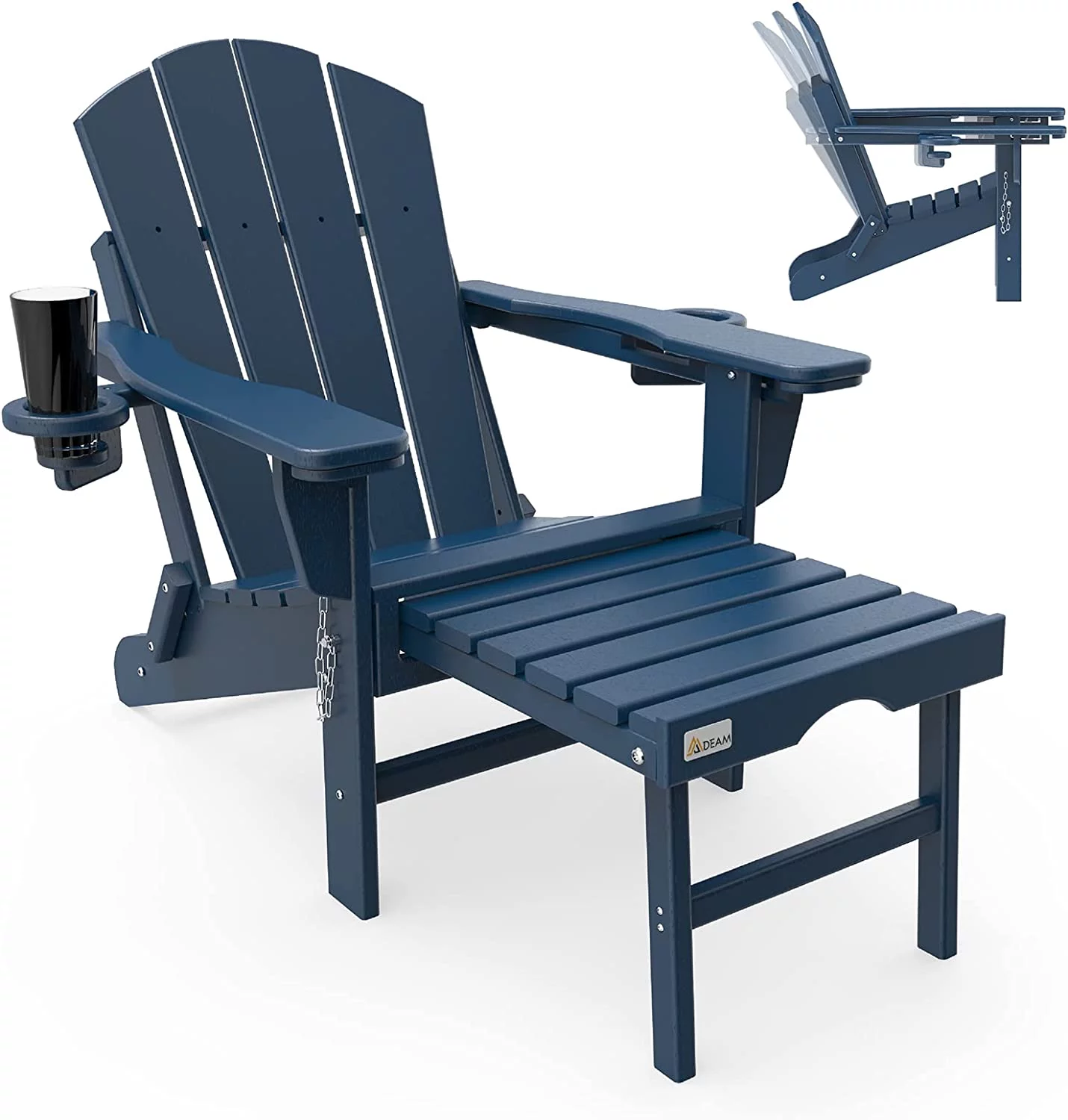 U-SHARE Adjustable Backrest Adirondack Chair Folding Patio Lawn Outdoor Fire Pit Chairs Adirondack Chairs Weather Resistant with 2 Cup Holder/Adirondack Retractable Ottoman(Navy Blue)