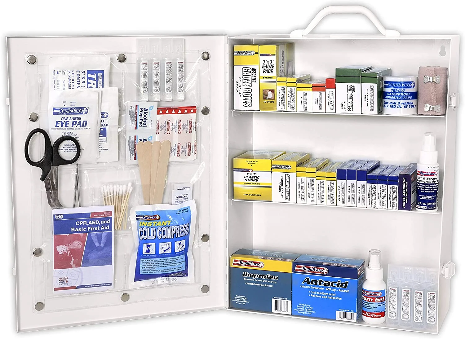 Rapid Care First Aid 80094 3 Shelf ANSI/OSHA Compliant All Purpose First Aid Cabinet  Wall Mountable