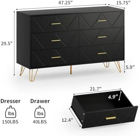 HOOMHIBIU White Dresser with 6 Drawer for Bedroom  Modern White Dresser with Golden Legs & Handles  Wooden Chest of Drawer  Double Dresser for Living Room  Hallway  Nursery