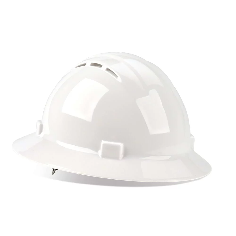 Full Brim Hard Hat, Vented, 4 Point Adjust Ratchet, Class E and G, White