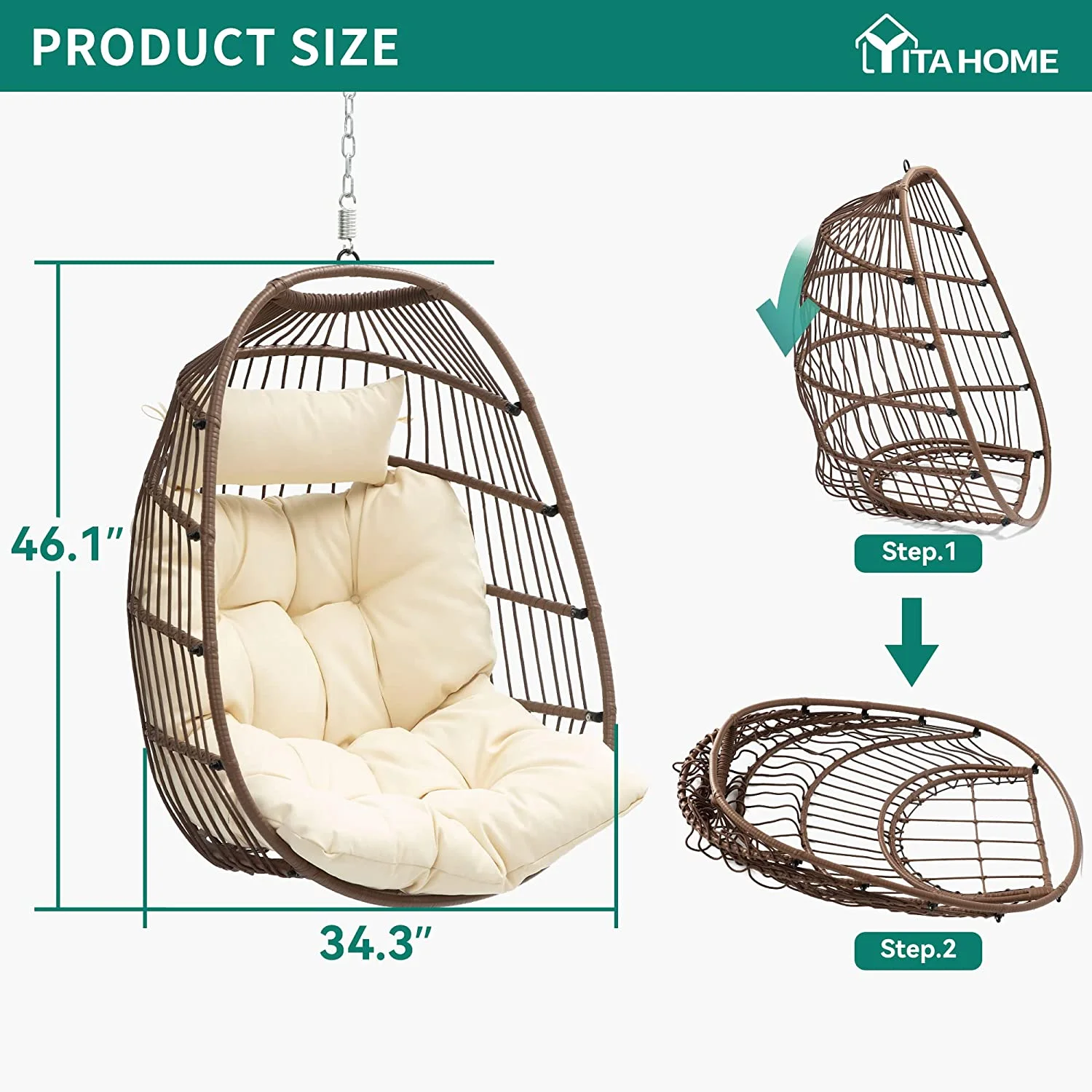 Dextrus Hanging Egg Swing Chair Without Stand UV Resistant Cushion 350lbs , Beige