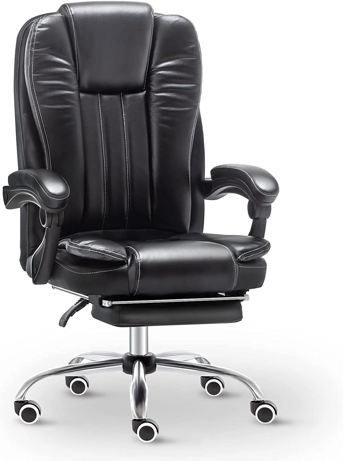 Erinnyees Executive Office Chair, PU Ergonomic Chair with Footrest and Linkage Armrests, 90°-155° Reclining Office Chair, 360° Swivel Computer Desk Chair with Back Support, Black