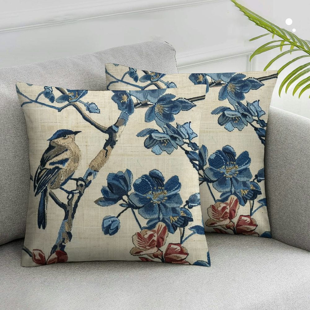 Nawypu Chinoiserie Pillow Cover Blue Cherry Blossom and Birds Decorative Throw Pillow Case Cushion Cover for Bedroom Sofa Living Room Couch Chair Office,2 Pcs