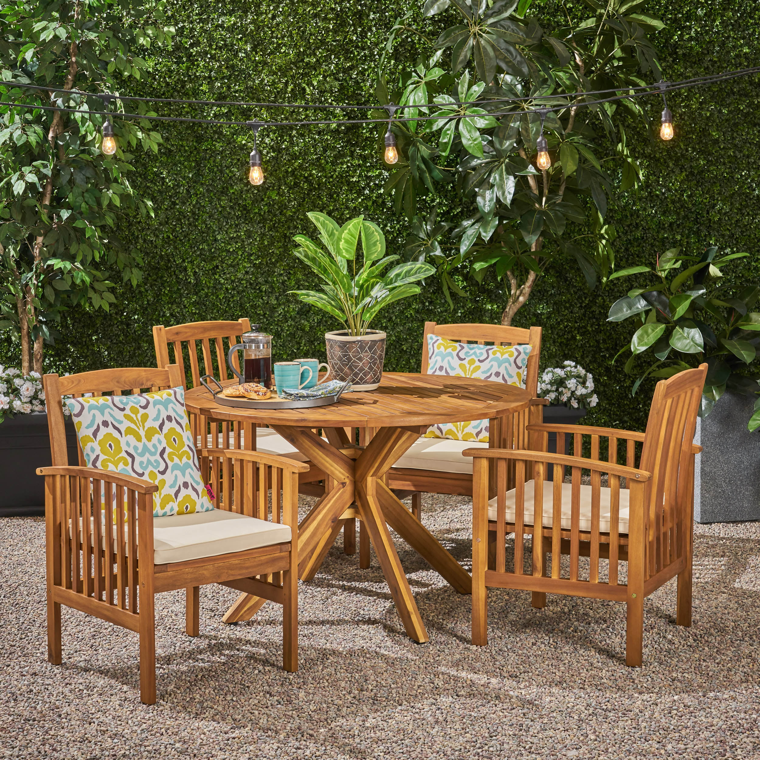 GDF Studio Valence Outdoor Acacia Wood 5 Piece Dining Set with Cushion, Teak and Cream