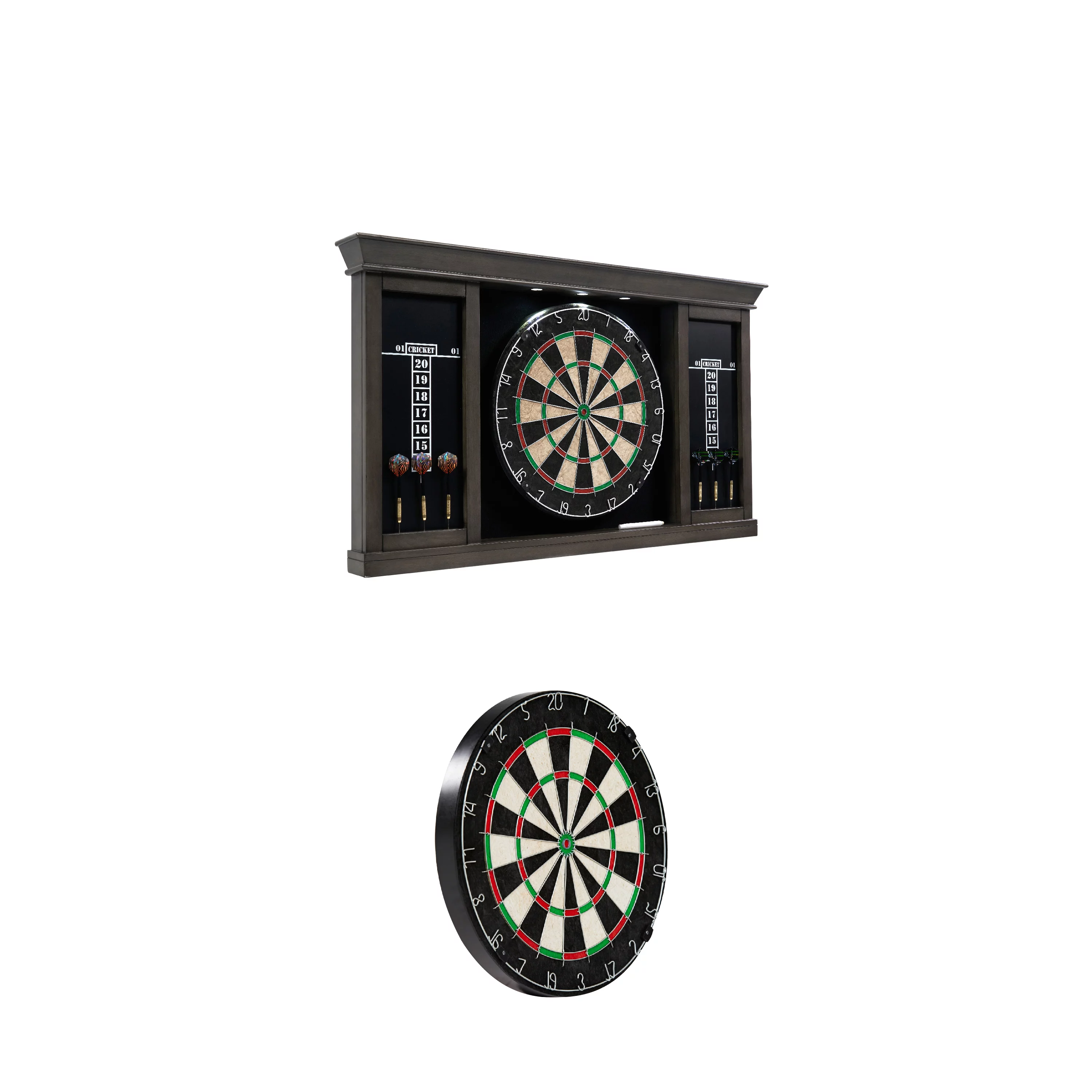 Barrington Billiards Palmer Wood Dartboard LED Display Cabinet With 18” Bristle Dartboard and Steel Tip Dart Set