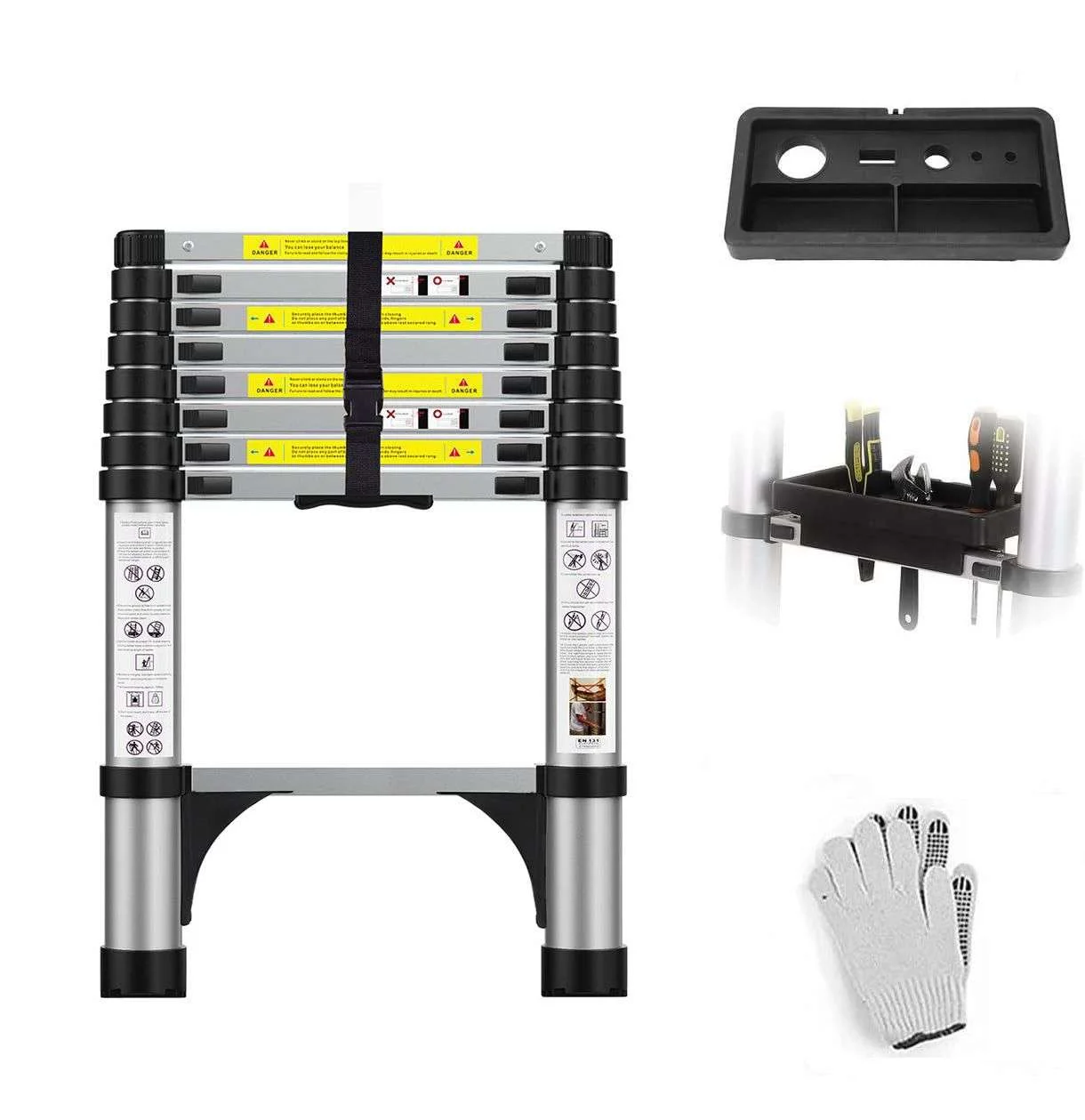 BOWEITI 8.5 FT Telescoping Aluminum Extension Ladder with 2 Triangle Stabilizers & ToolTray, Heavy Duty 330lbs Max Capacity, Multi-Purpose Collapsible Ladder for RV or Outdoor Work