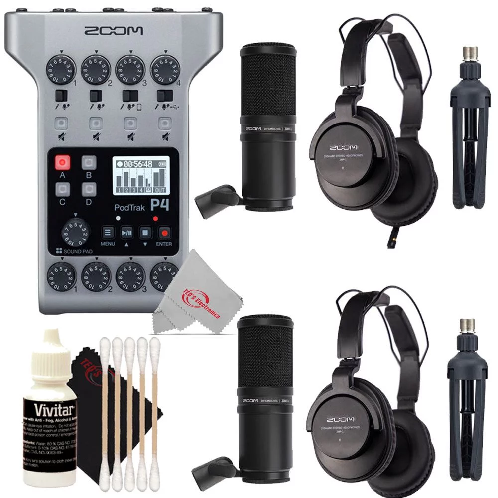 Zoom PodTrak P4 Multitrack Podcast Recorder with Two Pcs Mic Pack Accessory Bundle