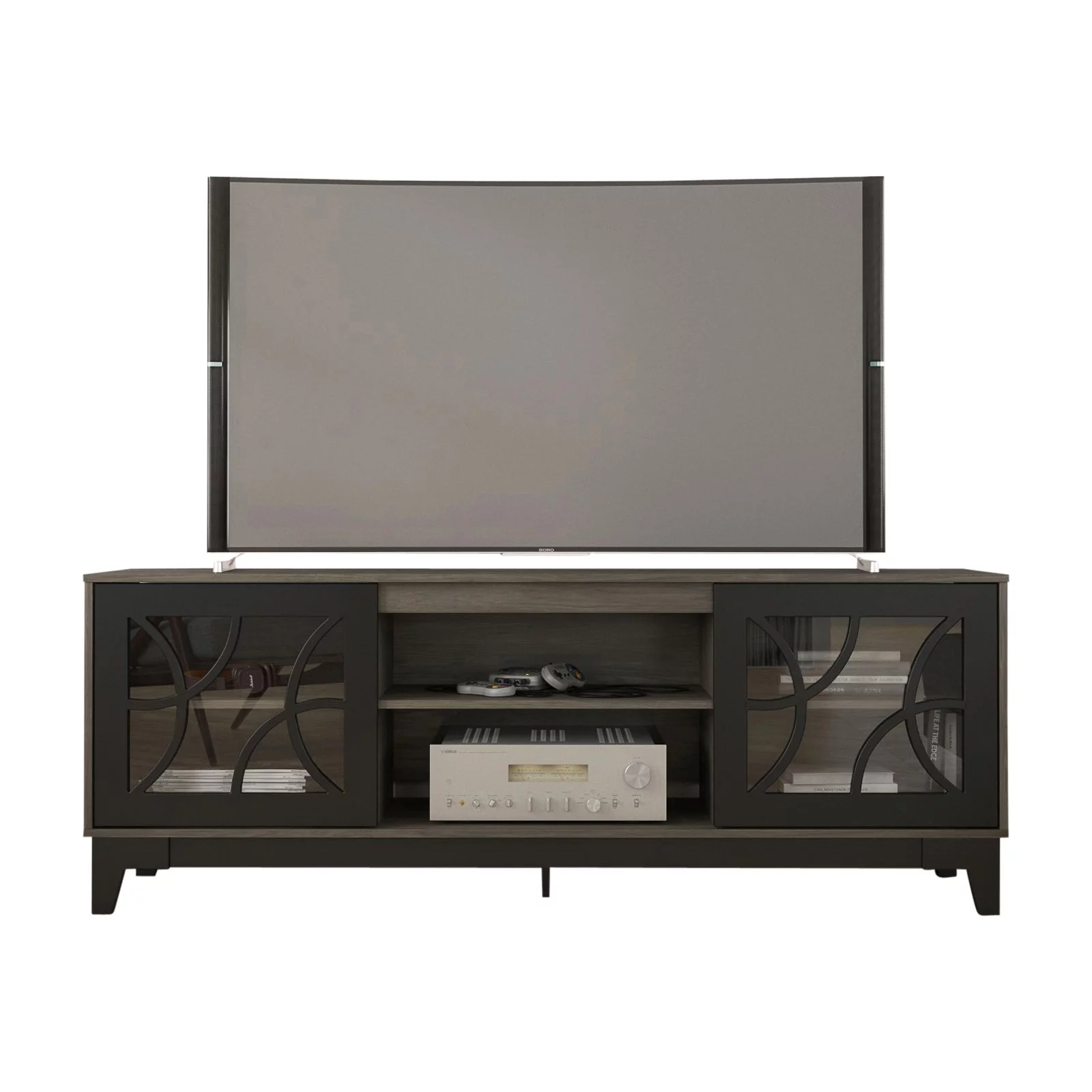Nexera Venus TV Stand with 2 doors for TVs up to 80 in., Bark Gray and Black
