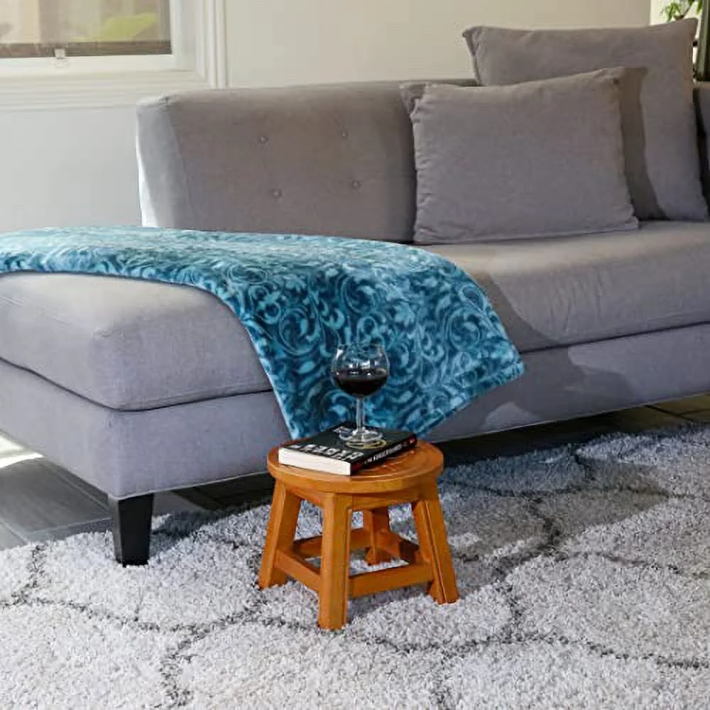 JINS&VICO Wooden Step Stool, Round Mini Side Table, Carved with Floral Pattern, Indoor Foot Stool for Kitchen Living Room Bedroom Bathroom, No Assembly Needed, Natural