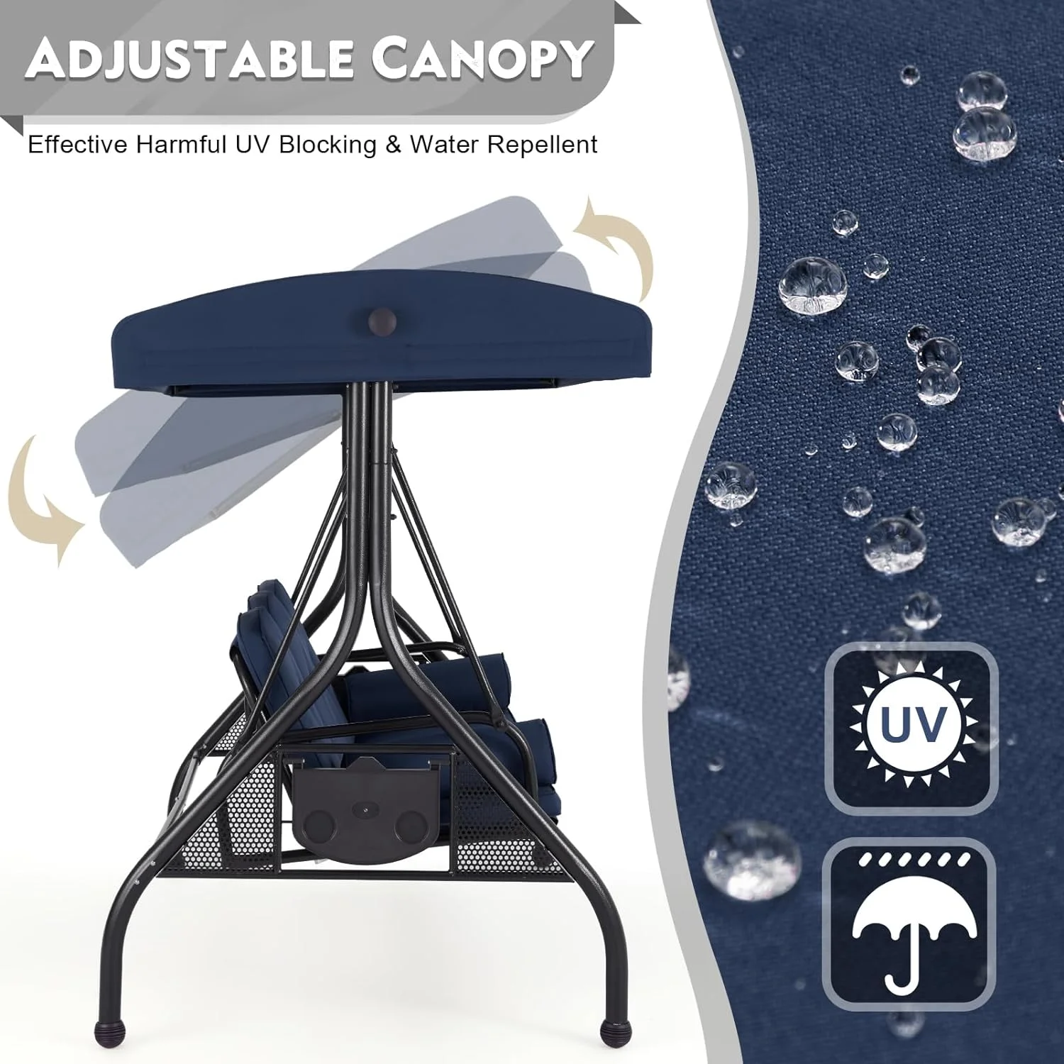 3 Seat Outdoor Porch Swing,Adjustable Canopy Porch Swings,Outdoor Swing with Stand, Patio Glider Chair with Thicken Cushions,Pillow & Cup Holder(Blue)