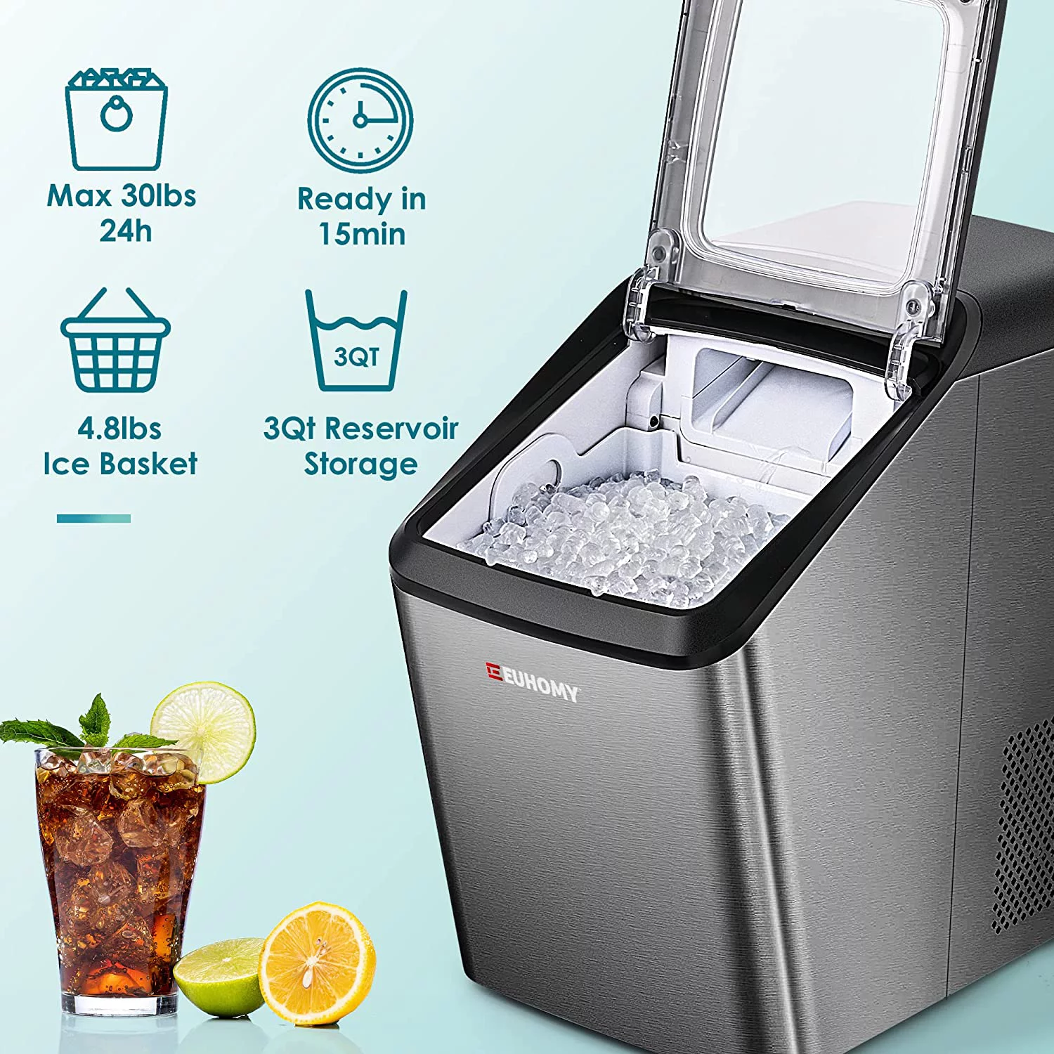 Euhomy 30lbs/24H Countertop Nugget Ice Maker, Soft Nugget Ice, Self-Cleaning & 2 Way Water Refill (Black)