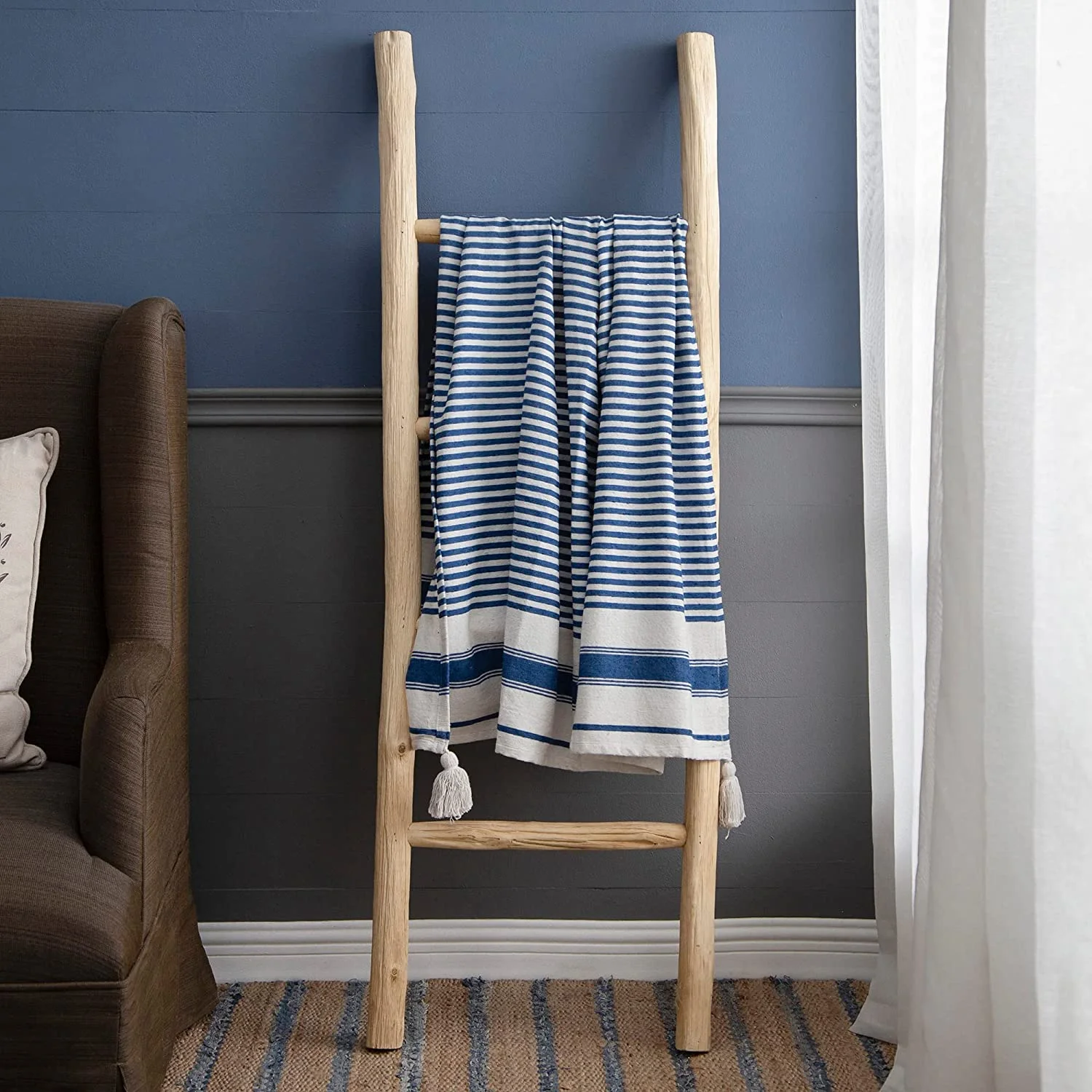 A&B Home Throw Blanket - Blue and White Stripe Woven Cotton Blend Blanket, 50