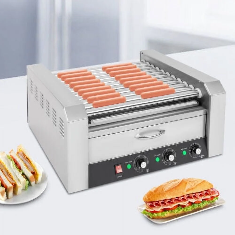 Electric 30 Hot Dog 11 Roller Grill Cooker Machine & Bun Warmer w/o Cover 1560W
