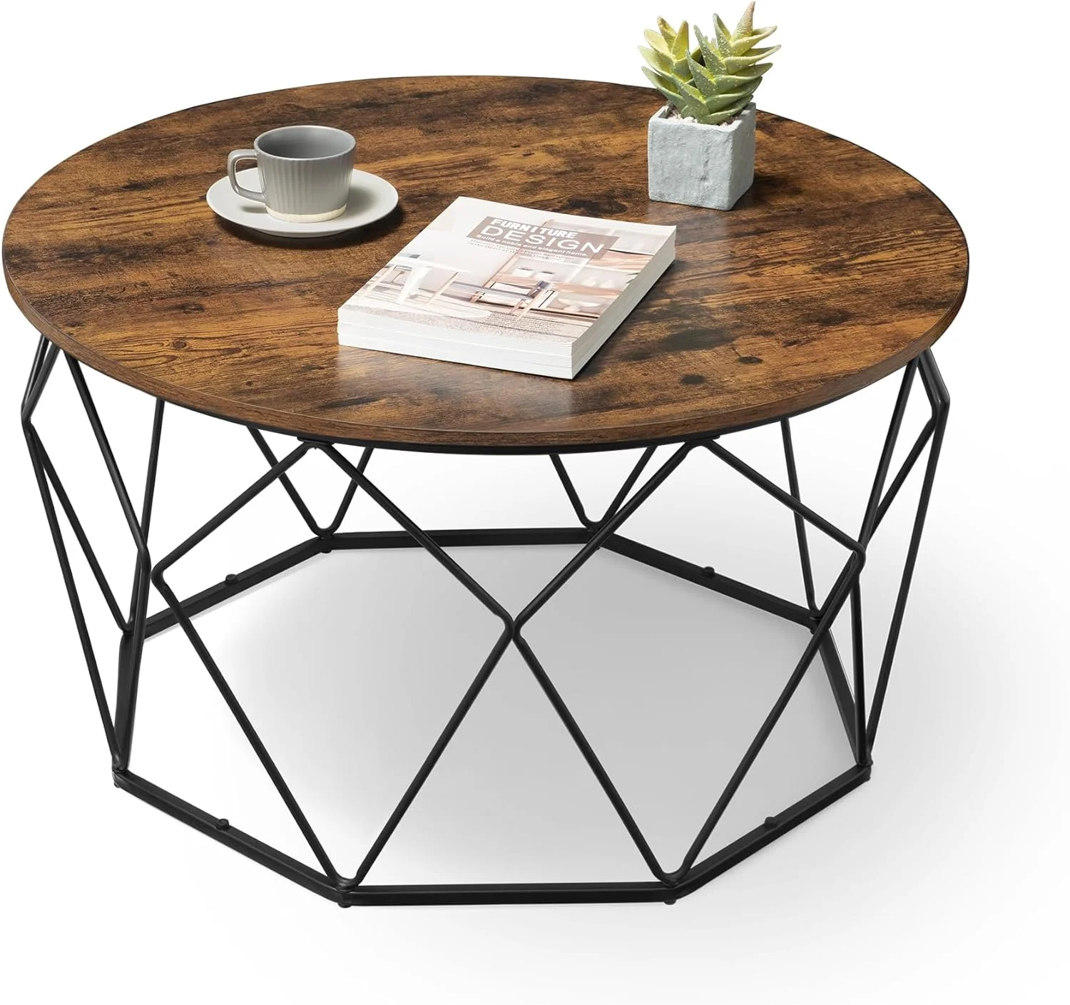 xrboomlife Round Coffee Table for Living Room  Cage Cocktail Table with Steel Frame  31.5 Inches Dia.  Industrial Style  Rustic Brown and Black ULCT040B01