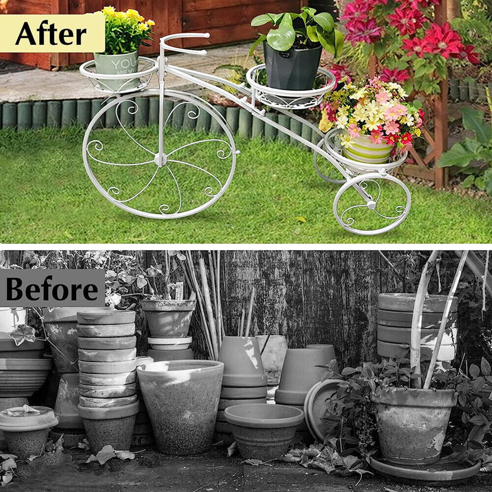 White Tricycle Bicycle Plant Stand Flower Pot Cart Holder Planter Rack Display