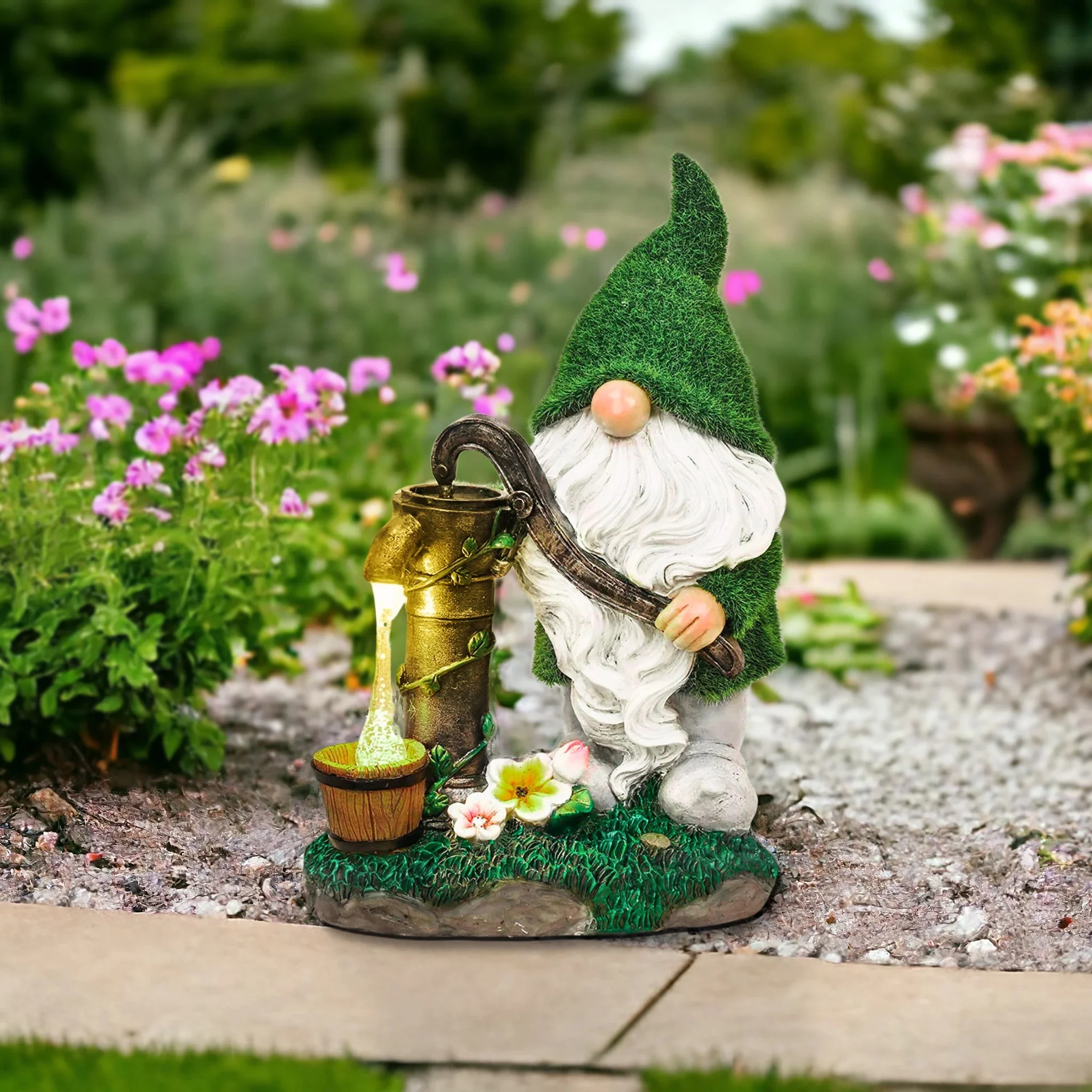 Garden Gnome Solar Light, Green White Garden Gnome, Polyresin Yard Art, Lawn Ornament, Outdoor Decor 12 inch, 30 cm