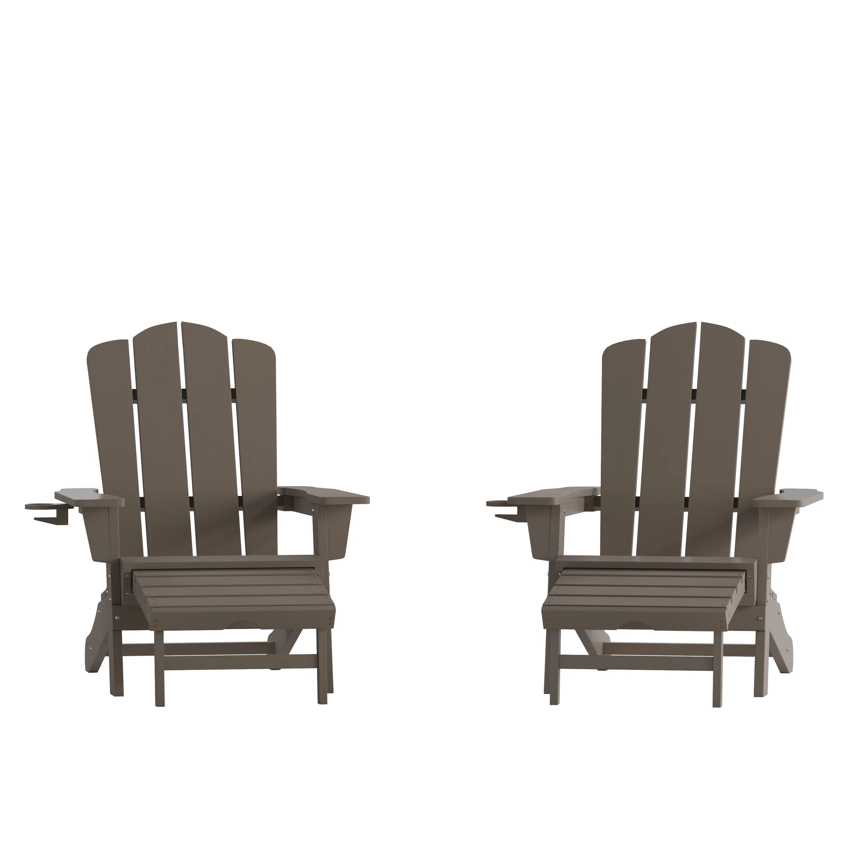 BizChair HDPE Adirondack Chair with Cup Holder and Pull Out Ottoman, All-Weather HDPE Indoor/Outdoor Lounge Chair in Brown, Set of 2
