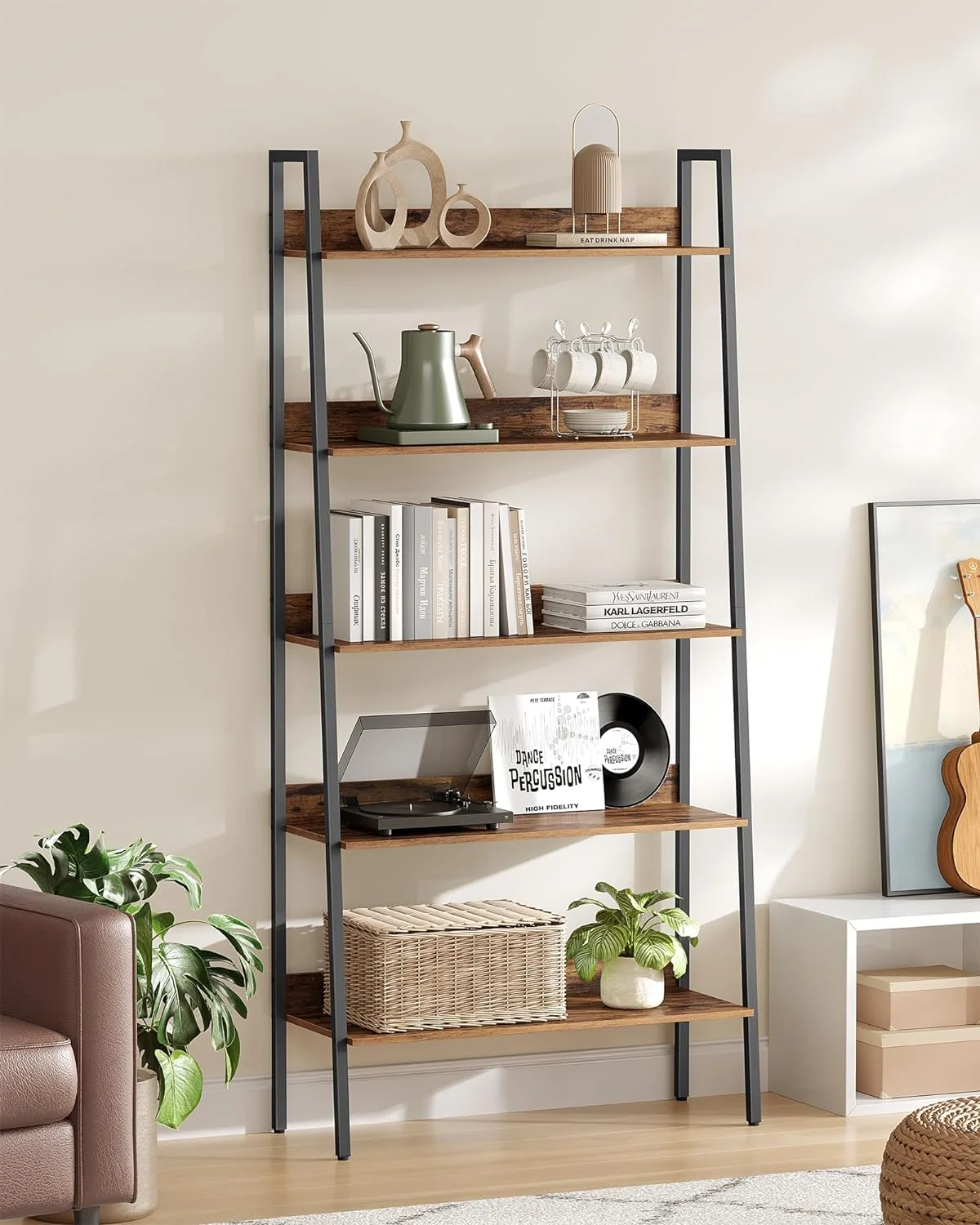 5-Tier Ladder Bookshelf: Rustic Brown & Ink Black, Home Office, Living Room, Bedroom