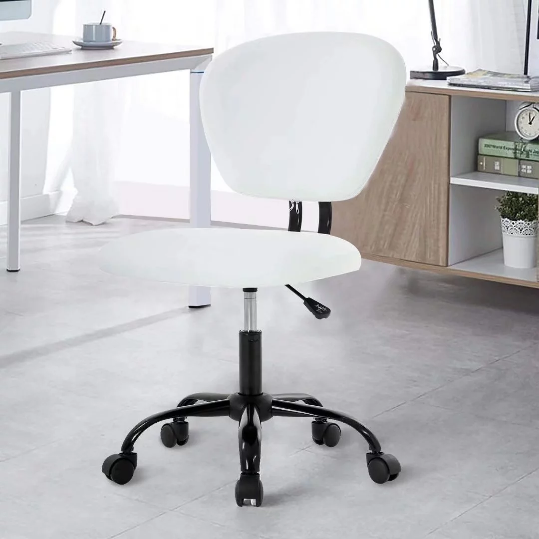 Low Back Simple Office Chair PU Leather Armless Task Chairs with Wheels Modern Adjustable Cheap Computer Desk Chair for Desk, White