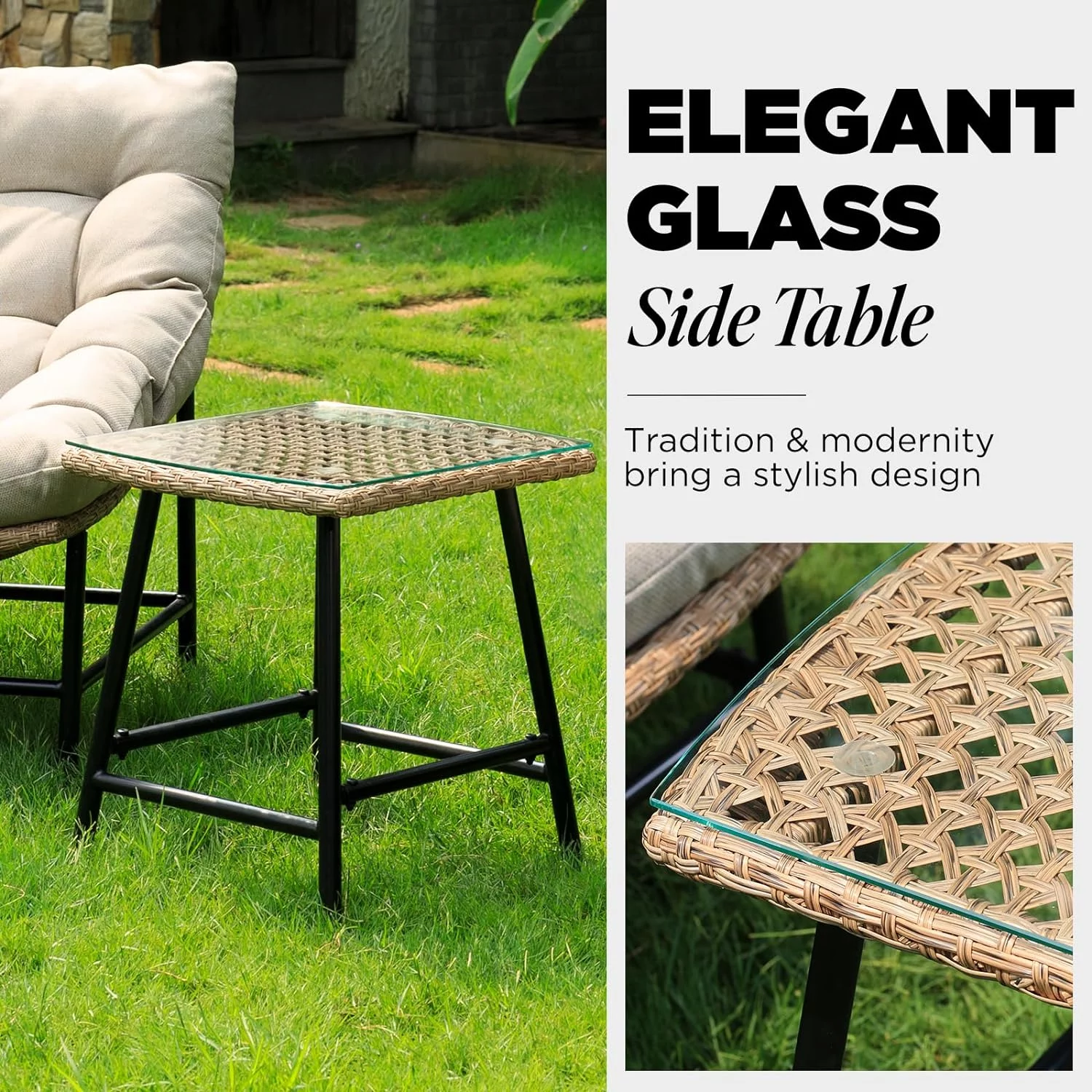 Idzo Large Papasan Patio Scoop Chair Set of 2 with Glass Side Table, Premium Olefin Thick Cushion