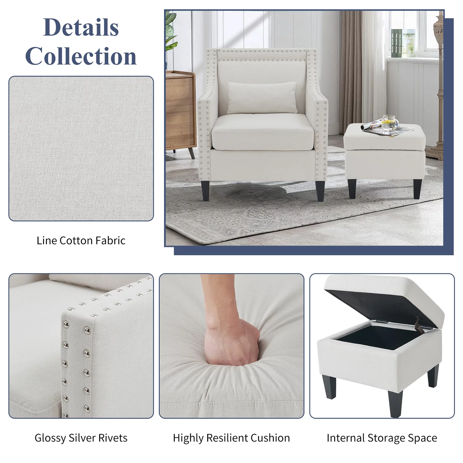 Kinmars Accent Chair with Ottoman Lumbar Pillow Set, Comfy Reading Armchair, Living Room, Home Office, Bedroom(Beige)