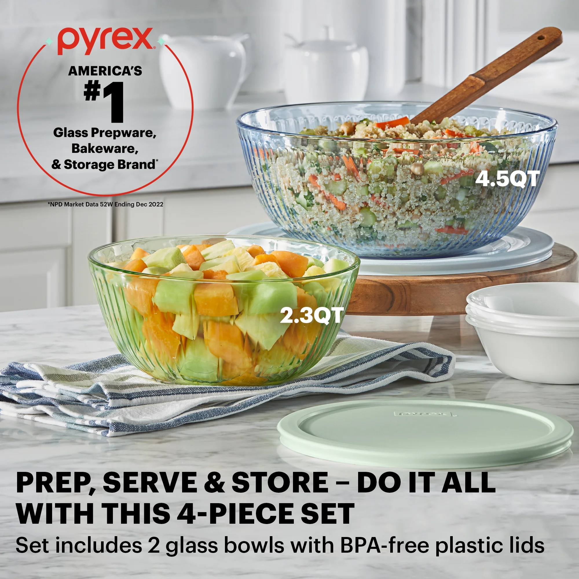 Pyrex Sculpted Tinted 4-Piece Glass Mixing Bowl Set with Airtight Plastic Lids, 2.3qt Green/4.5qt Blue
