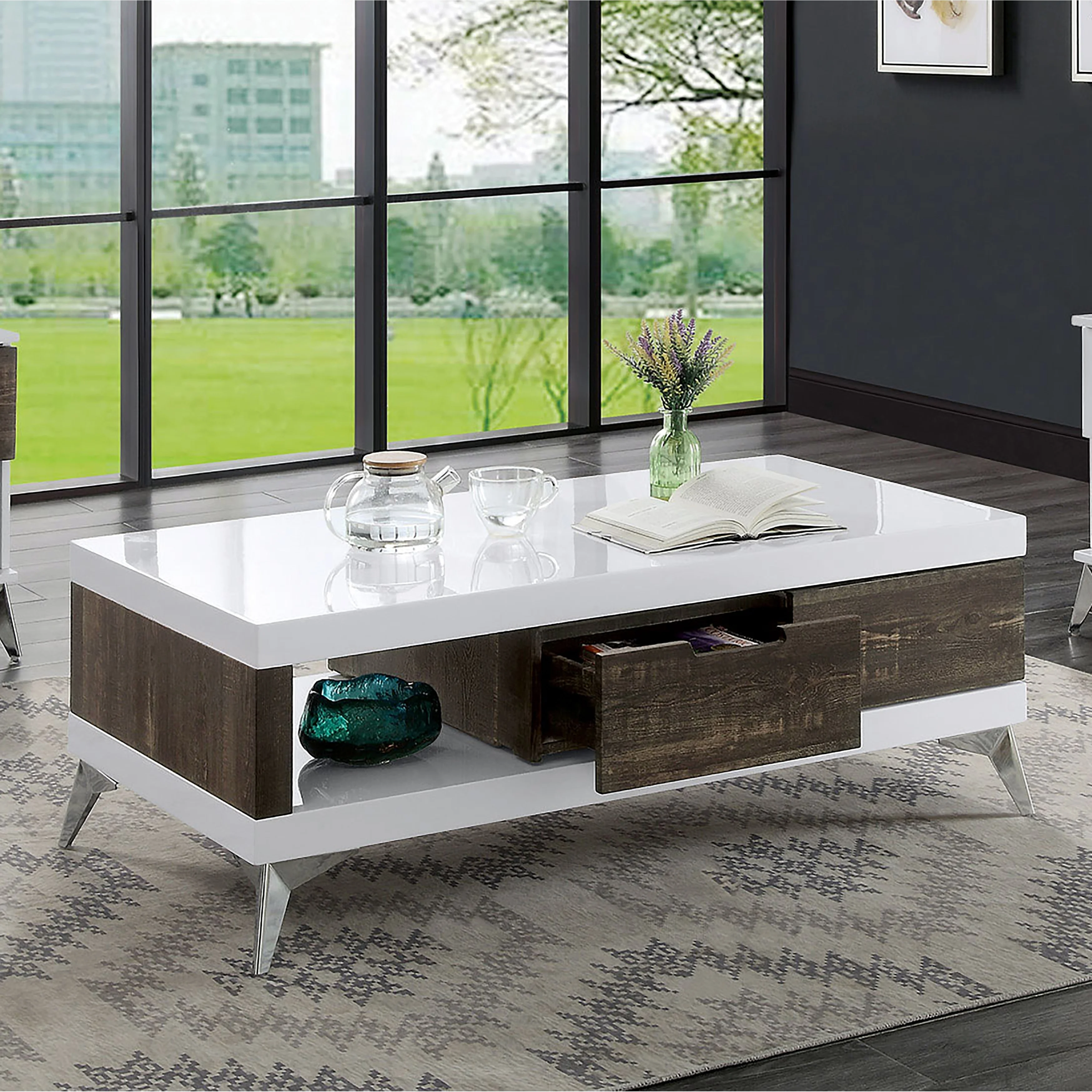 Furniture of America Lennette Contemporary White and Oak 47-inch Wood 1-Shelf Coffee Table by