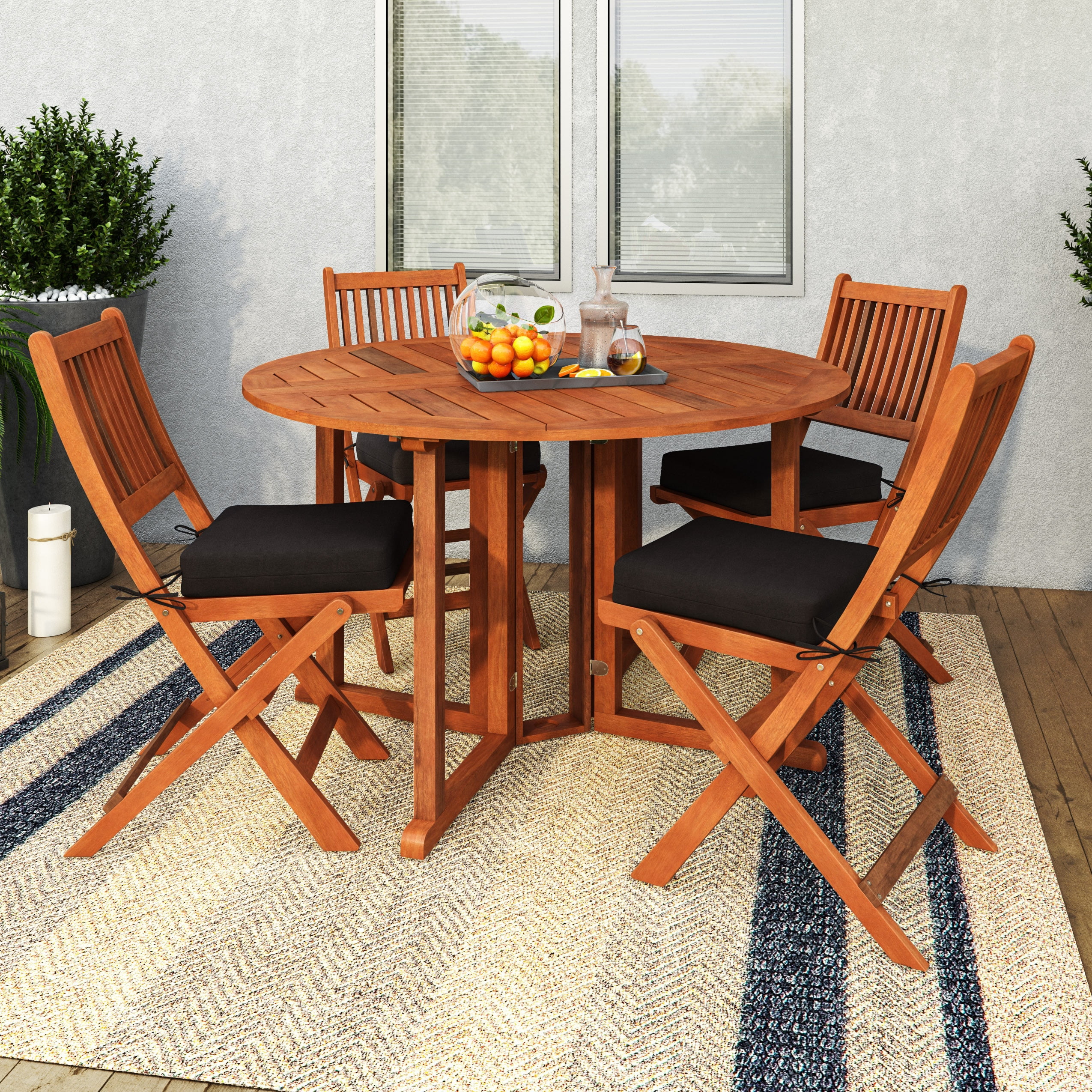 CorLiving Miramar White Washed Wood Outdoor Folding Dining 5pc Set