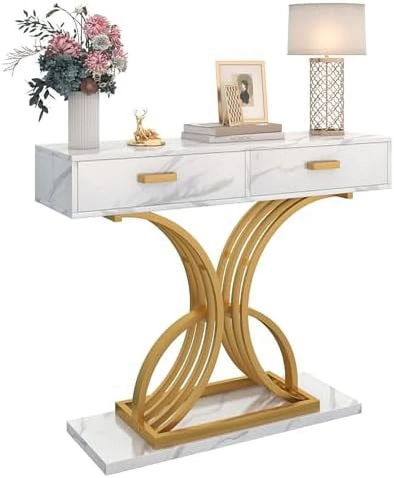 MQLIFEBOOM White Gold Console Table with Two Drawers  39 Inches Modern Entryway Table with   Faux Marble Tabletop Hallway Table with Geometric Gold Legs