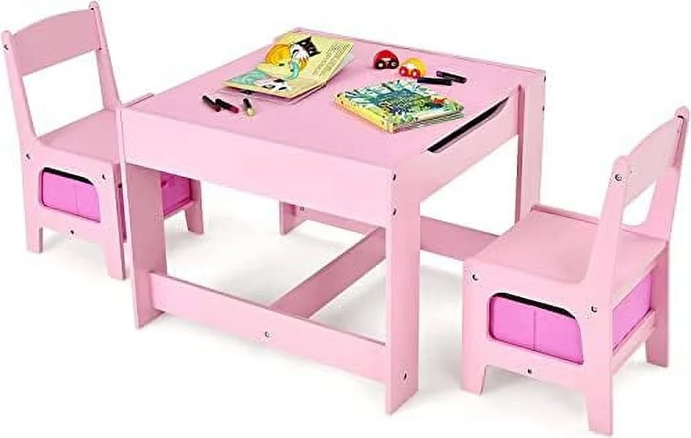 LNSETGC Table and Chair Set  3-in-1 Children Wooden Activity Table and 2 Chairs for Art Craft   Drawer&Box  3-Piece Toddler  Set for Daycare Playroom  Gift for Boy Girl(Yellow)