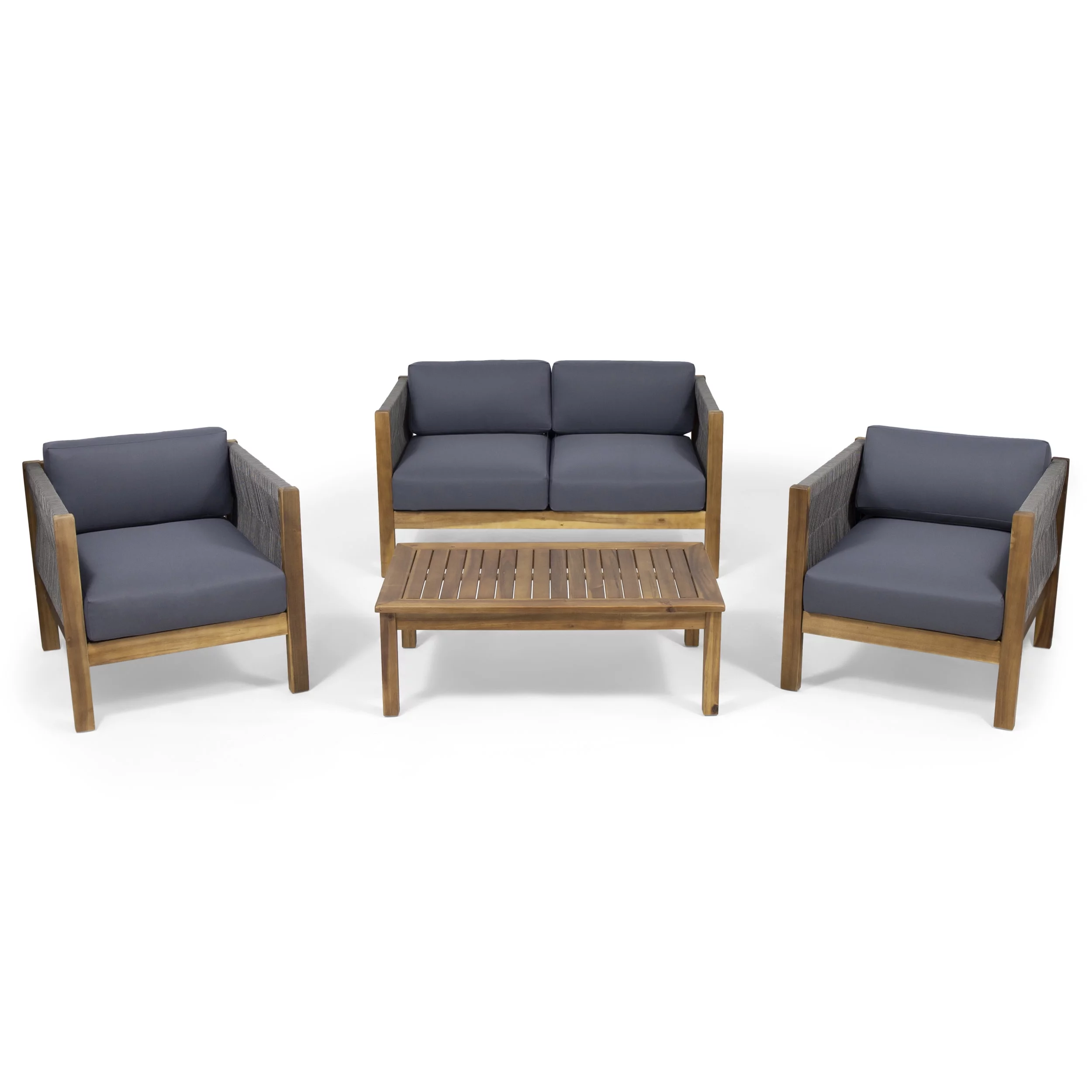 GDF Studio Charlotte Outdoor Acacia Wood and Rope 4 Seater Chat Set with Cushions, Teak and Gray