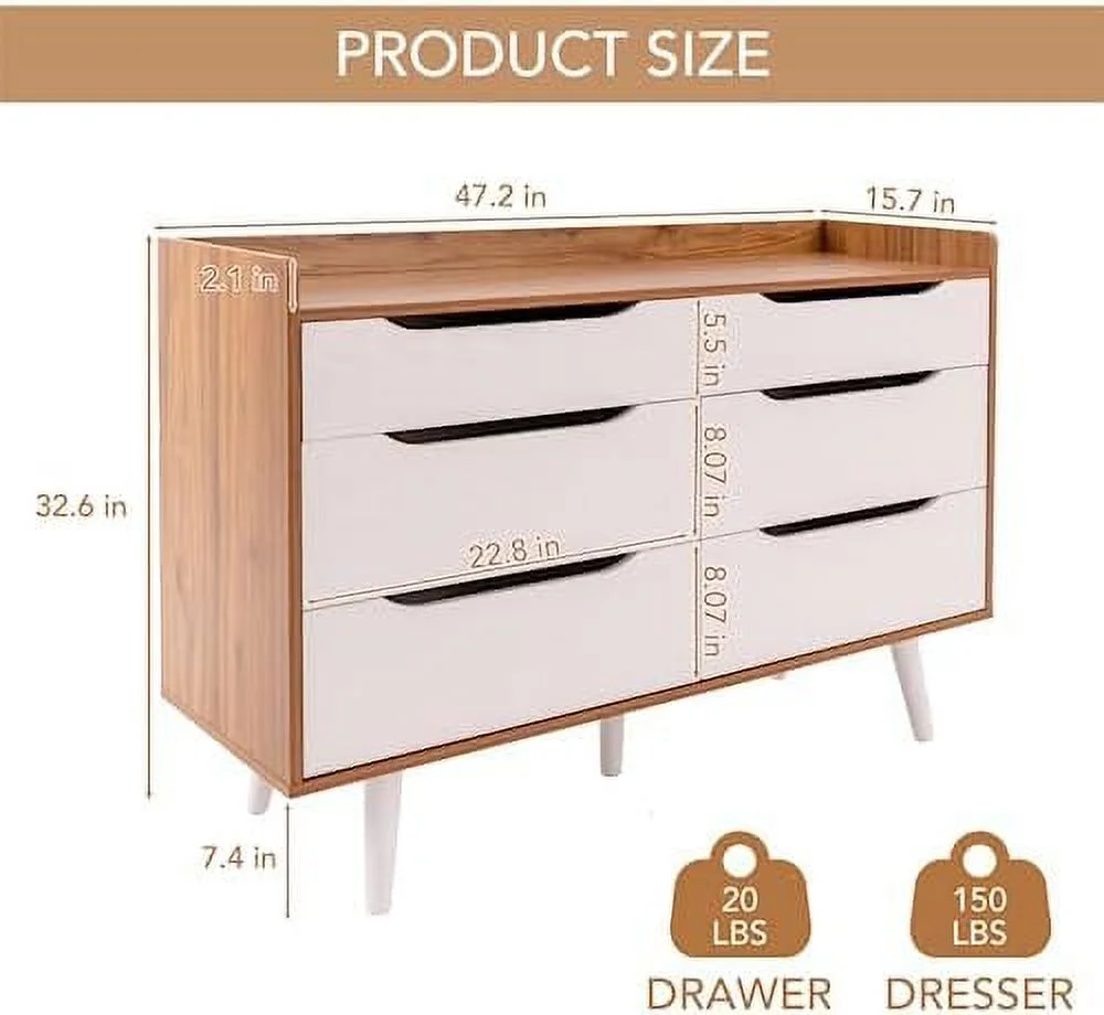 HOOMHIBIU Modern Wood Dresser  6 Chest of Dressers with Deep Drawers and Anti Drop Top Board  Wooden  Dresser Cabinet for Bedroom  Living Room  Hallway  Entryway - Brown and White