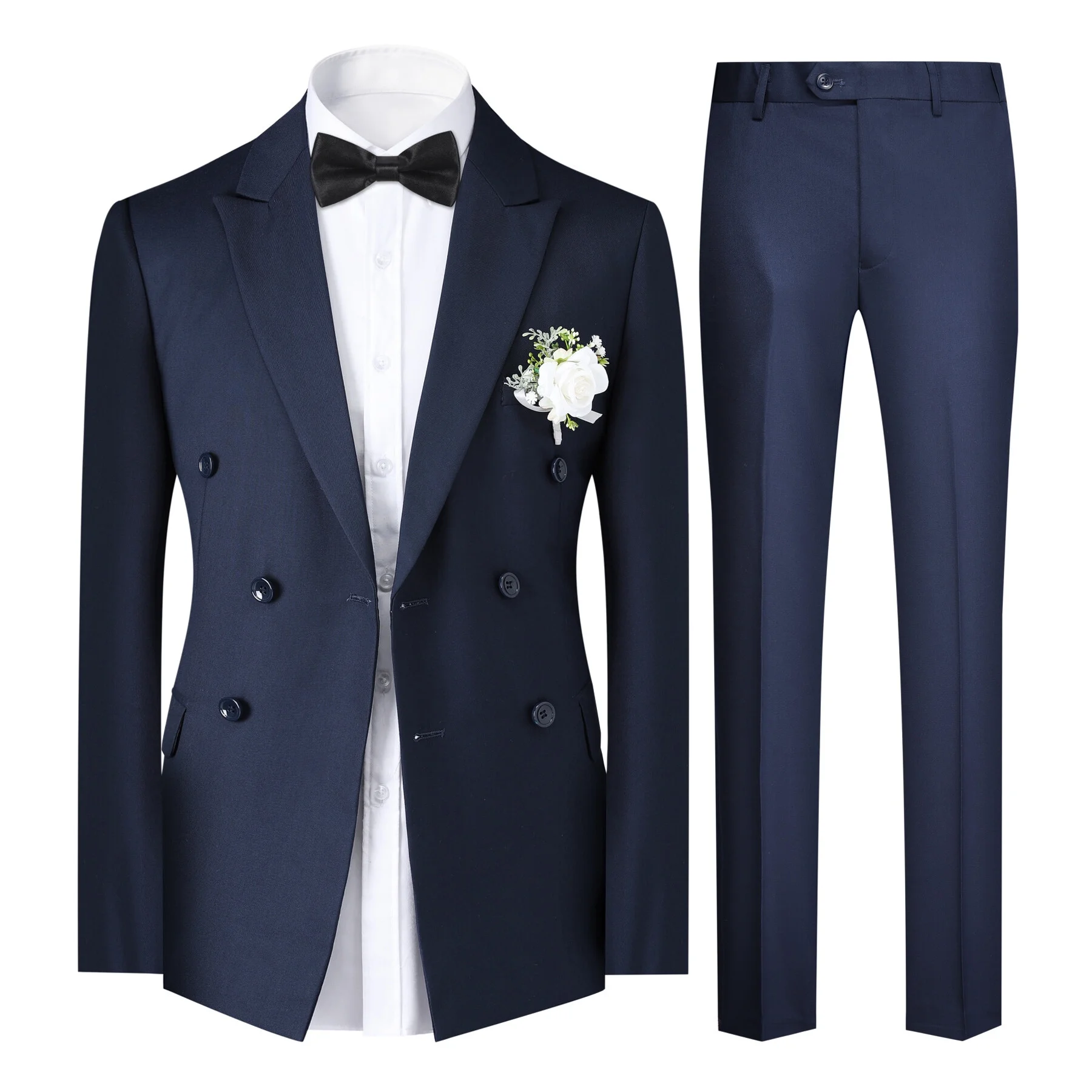 Cloudstyle Men's Business Solid Color Double-breasted Suit Two-piece Set with Corsage Flower