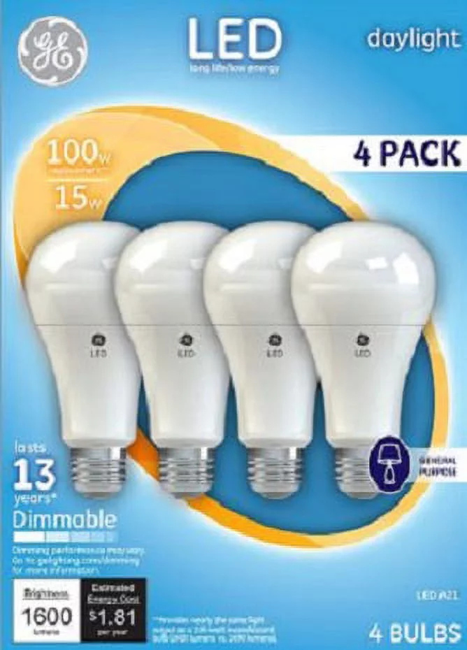 GE LED 17W Daylight General Purpose, A21 Medium Base, Dimmable, 4pk Light Bulbs