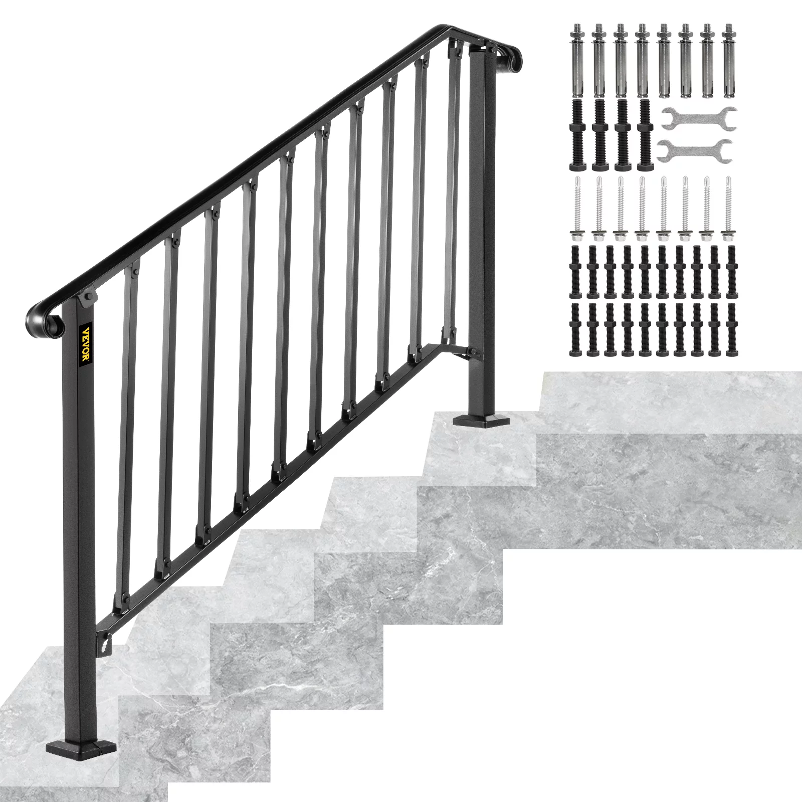 VEVOR Handrail Picket #4 Fits 4 or 5 steps Matte Black Stair Rail Wrought Iron Handrail with Installation Kit Hand Rails for Outdoor Steps