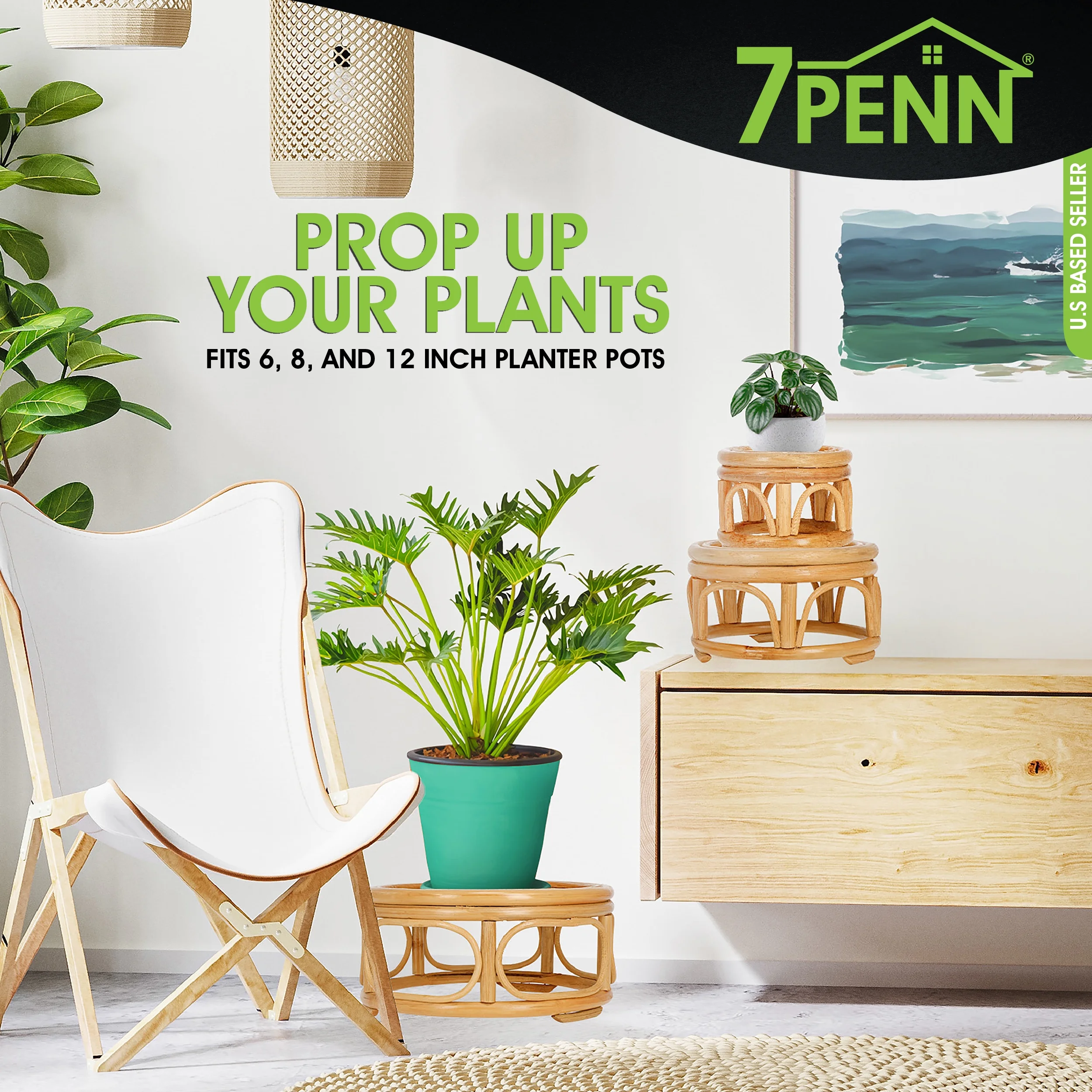 7Penn Boho Plant Stand 3 Piece Set - Multilevel Wicker and Rattan Planter Risers