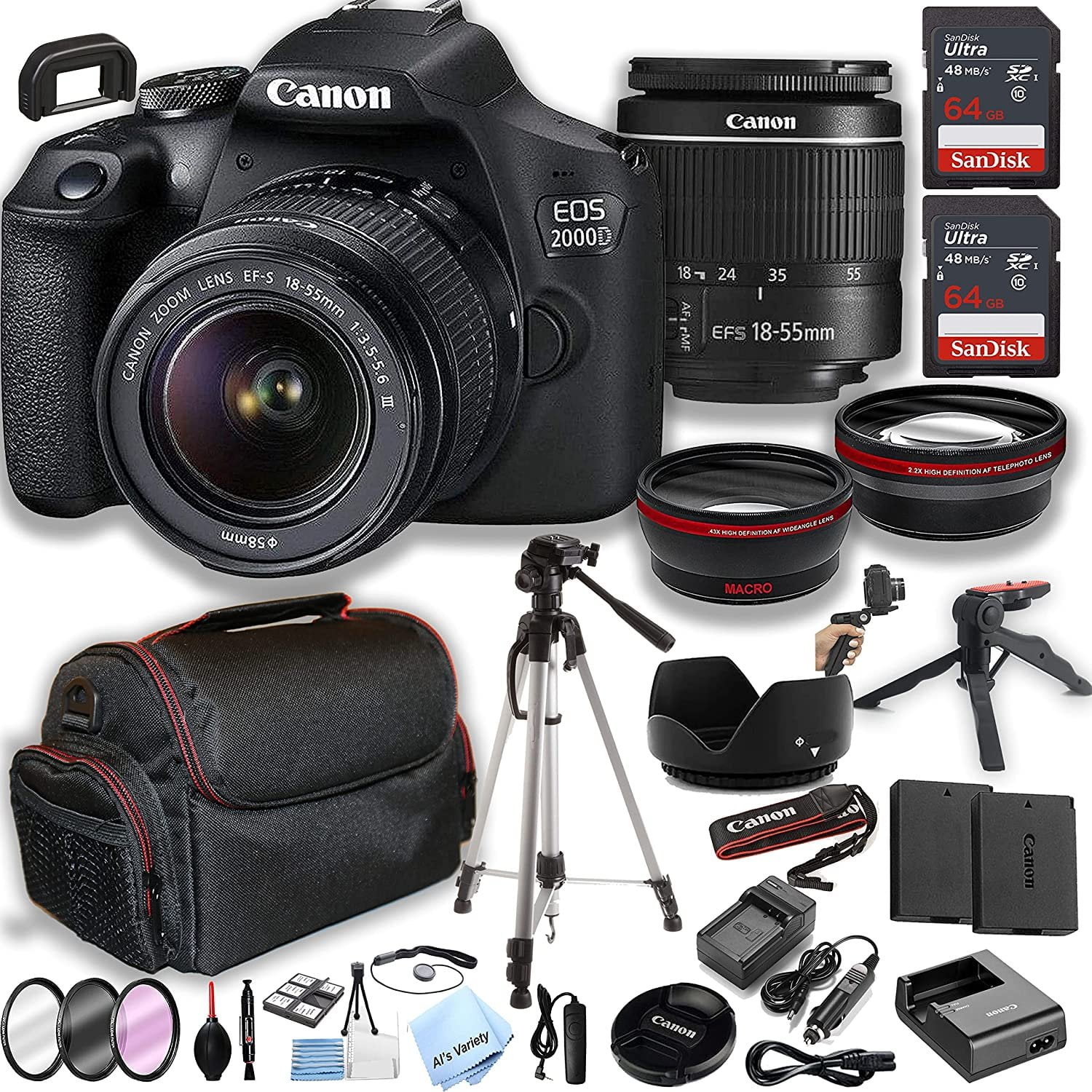 Canon EOS 2000D / Rebel T7 DSLR Camera w/EF-S 18-55mm Zoom Lens + 2pcs 64GB Memory + Case+ Tripod + Steady Grip Pod + Filters + Macro + 2X Lens + 2X Batteries + More 35pc Bundle